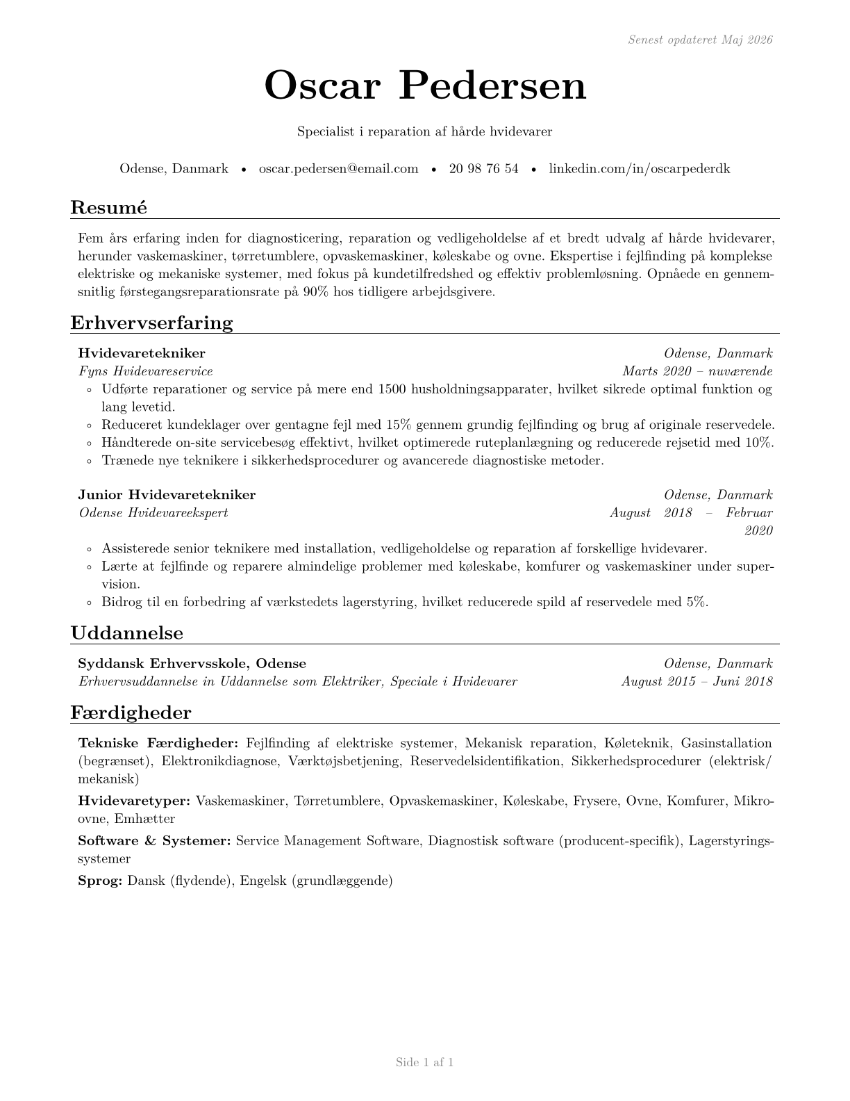 Home Appliance Repairers CV in Danish — page 1