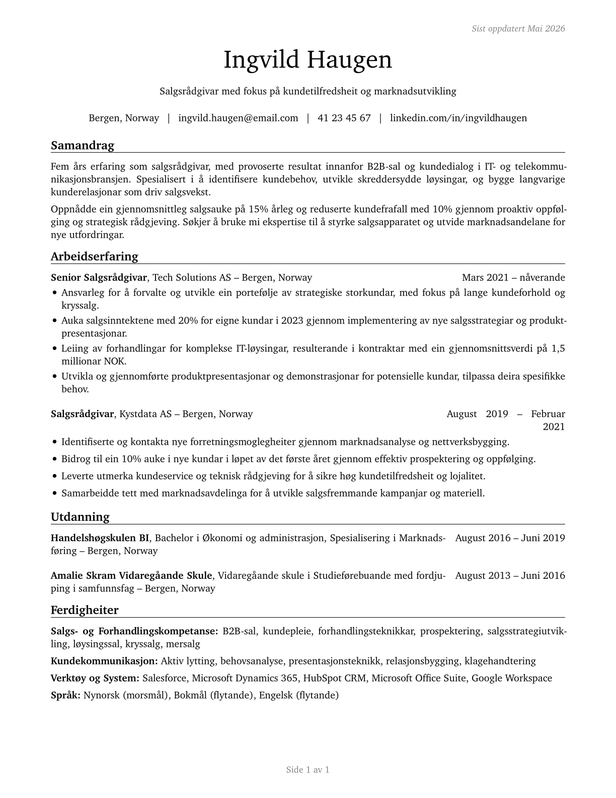 Sales and Related Workers, All Other CV in Norwegian_nynorsk — page 1