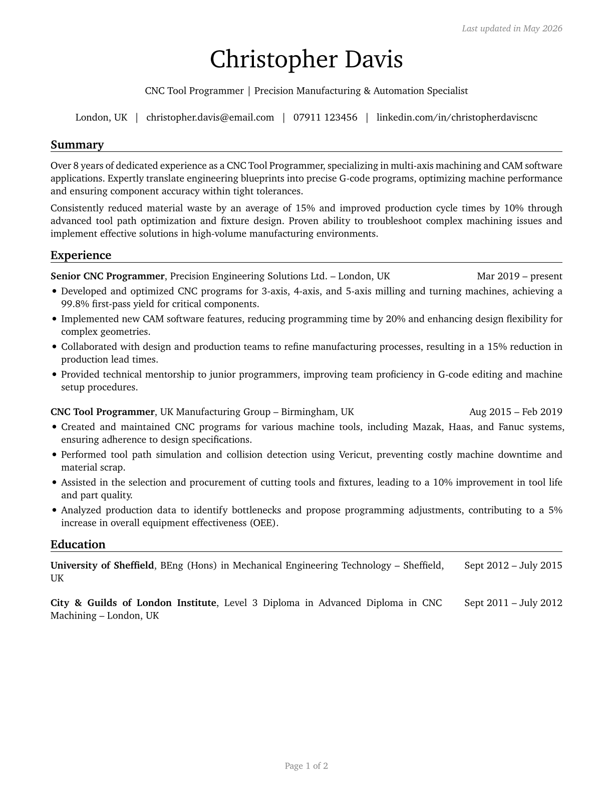 Computer Numerically Controlled Tool Programmers CV in English — page 1