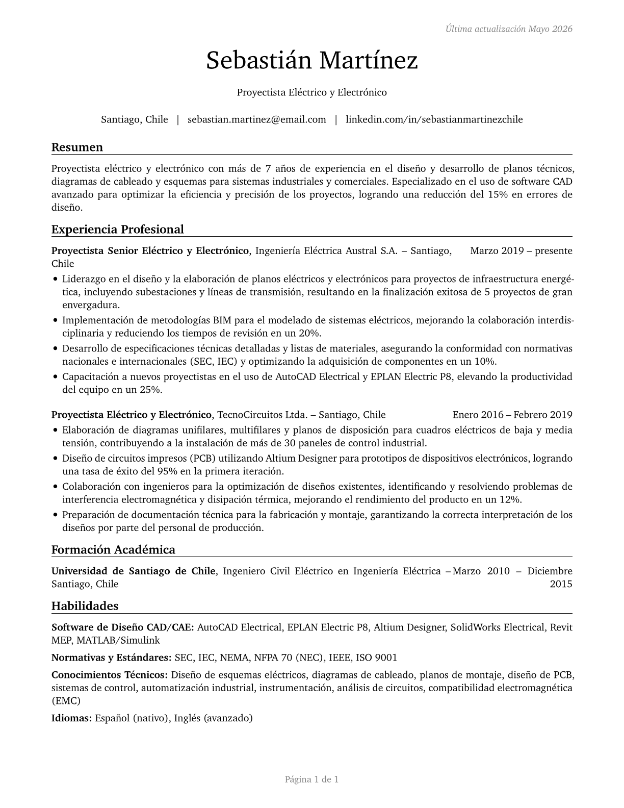 Electrical and Electronics Drafters CV in Spanish — page 1
