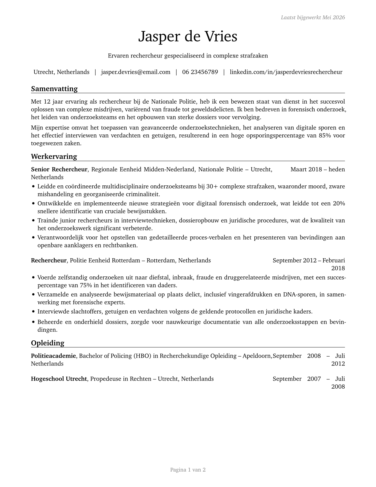 Detectives and Criminal Investigators CV in Dutch — page 1