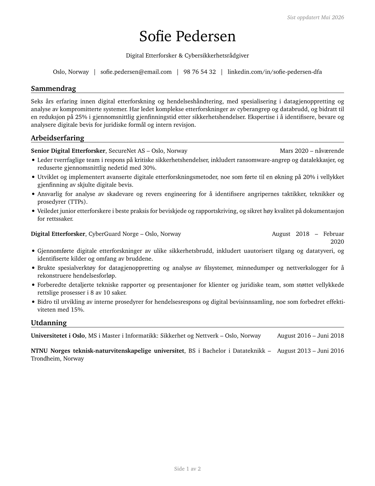 Digital Forensics Analysts CV in Norwegian_bokmal — page 1