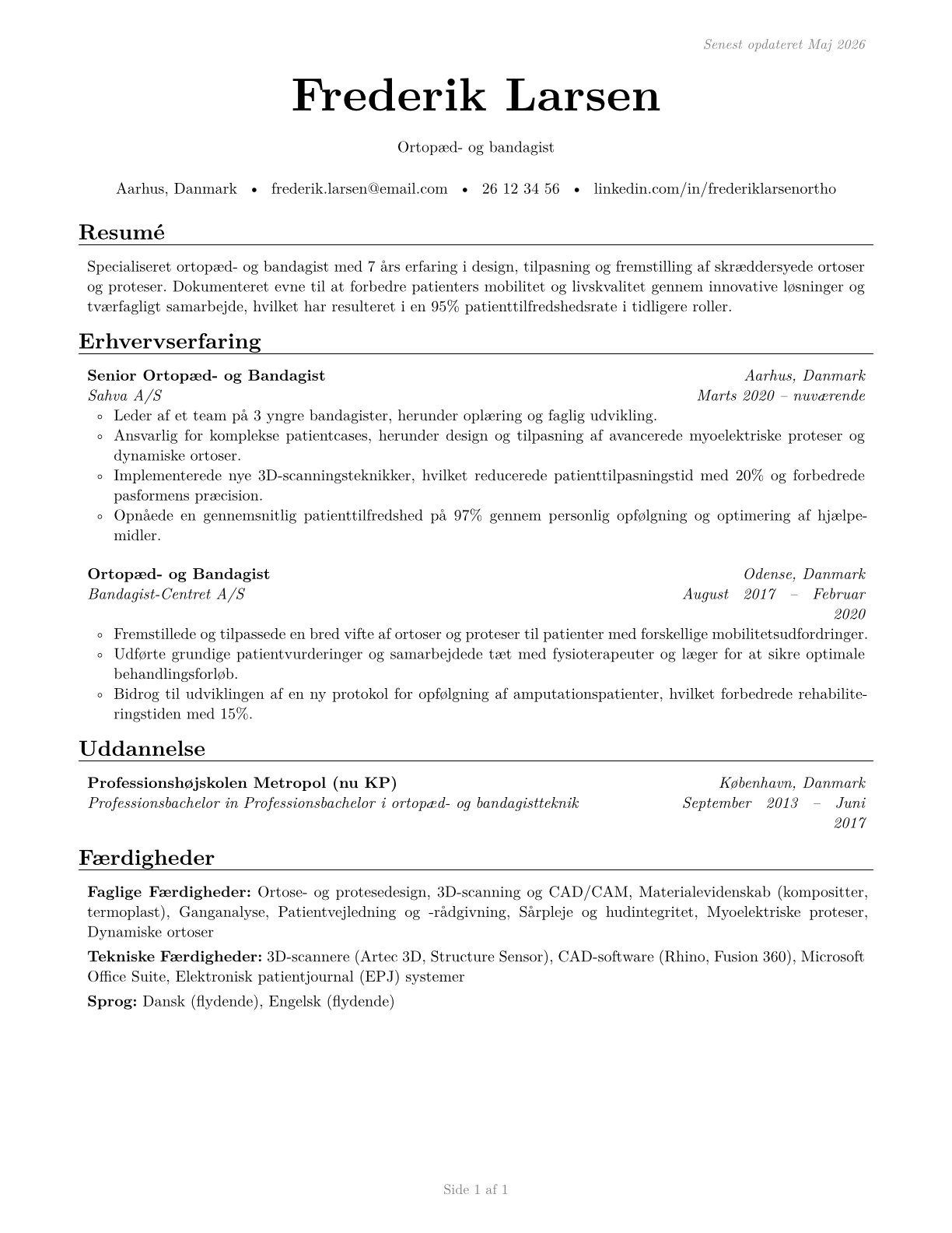 Orthotists and Prosthetists CV in Danish — page 1