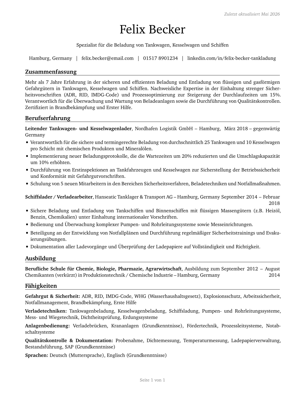 Tank Car, Truck, and Ship Loaders CV in German — page 1