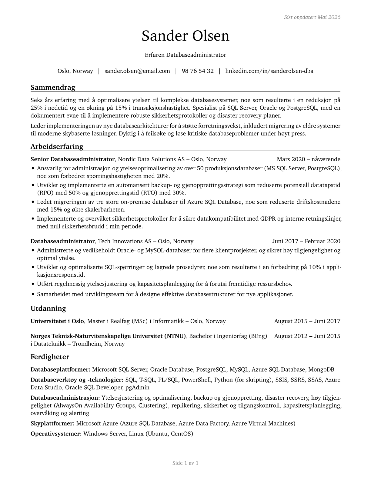 Database Administrators CV in Norwegian_bokmal — page 1