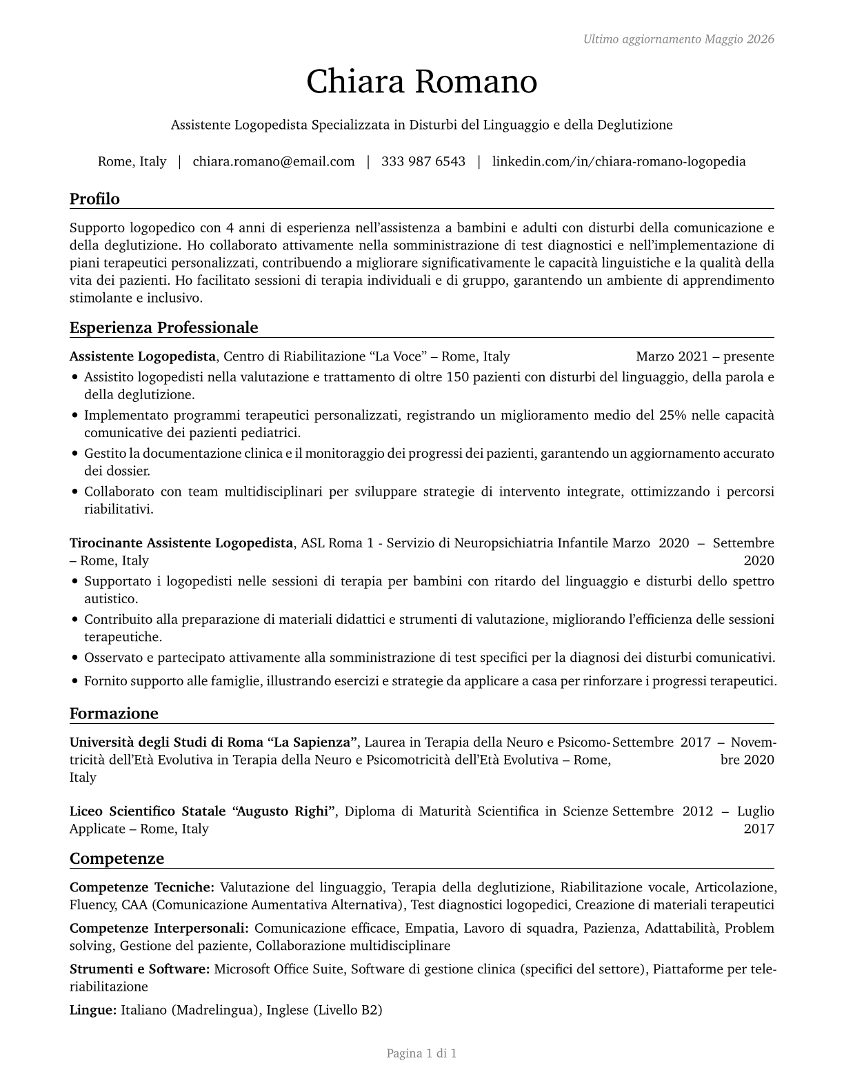 Speech-Language Pathology Assistants CV in Italian — page 1