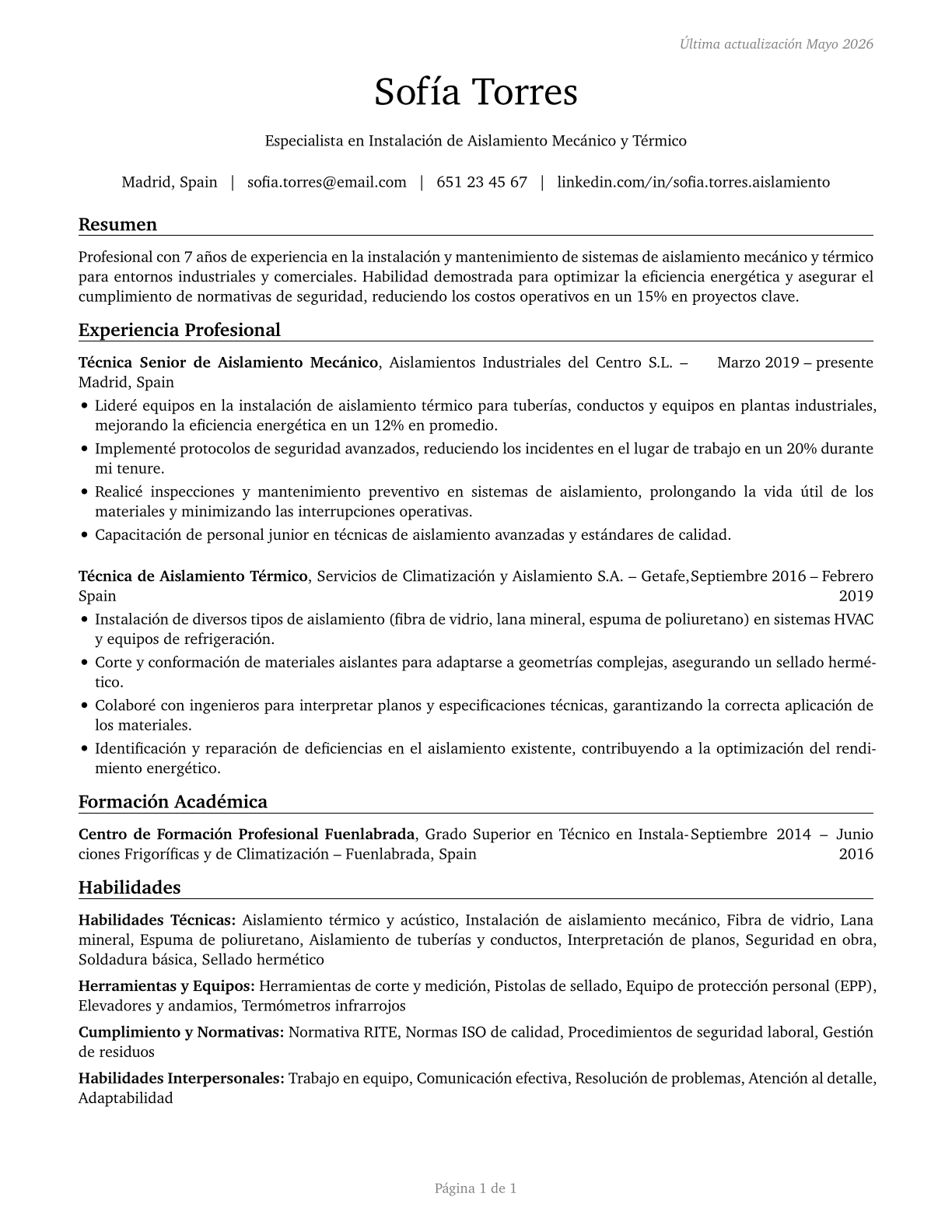 Insulation Workers, Mechanical CV in Spanish — page 1