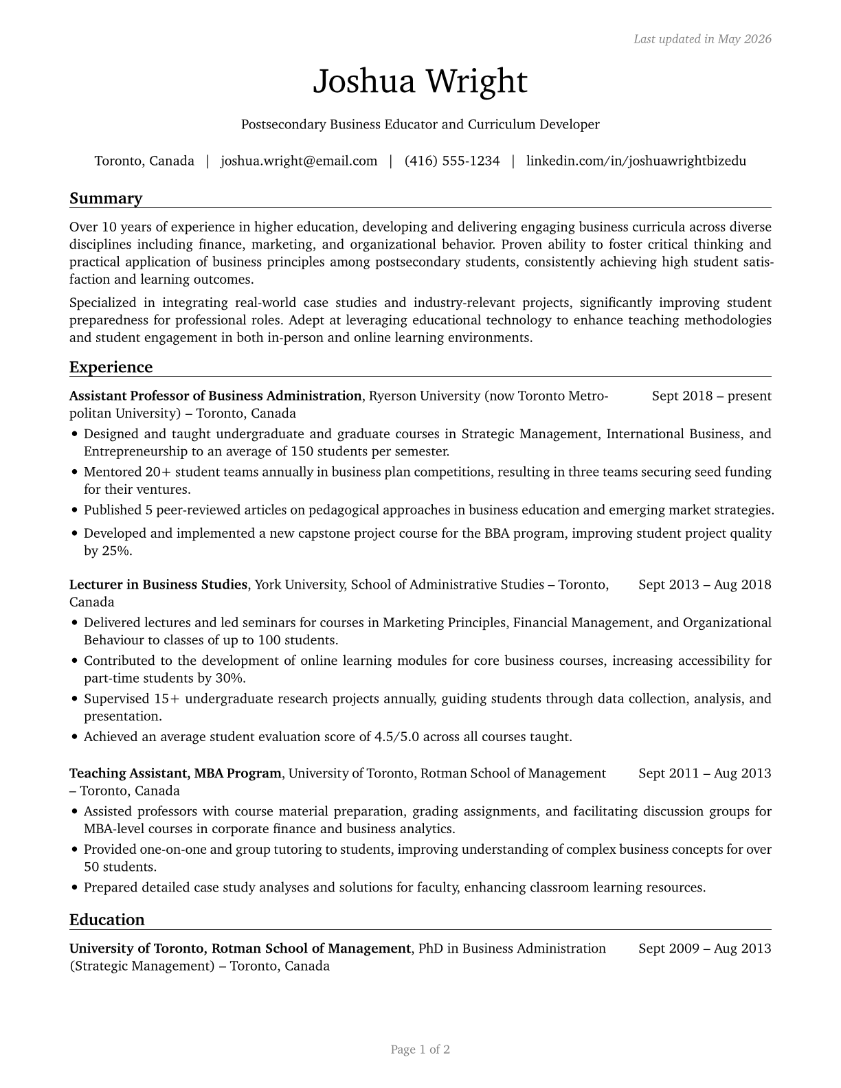 Business Teachers, Postsecondary CV in English — page 1