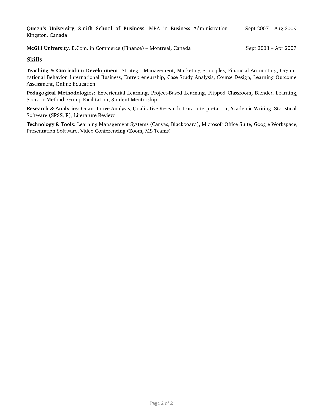 Business Teachers, Postsecondary CV in English — page 2