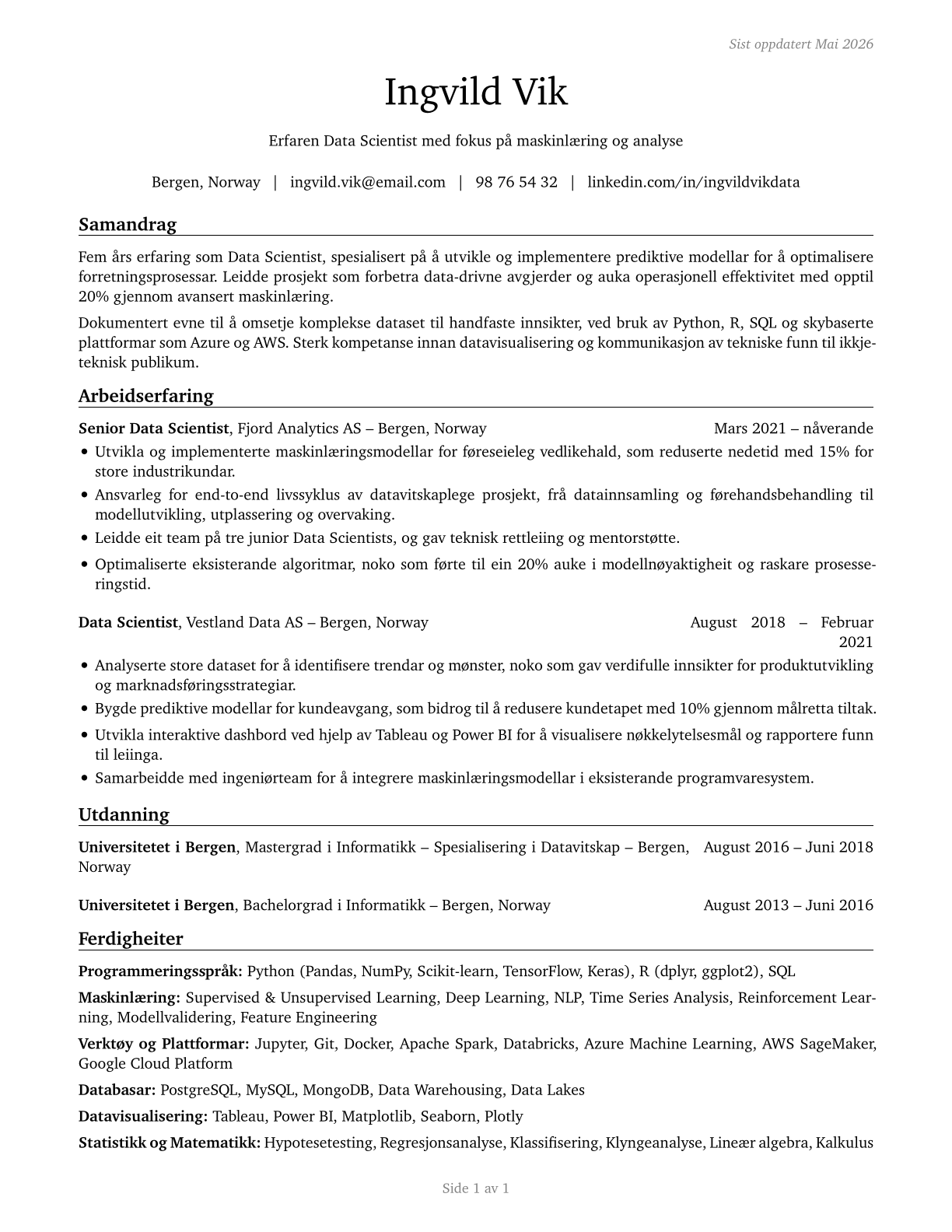 Data Scientists CV in Norwegian_nynorsk — page 1