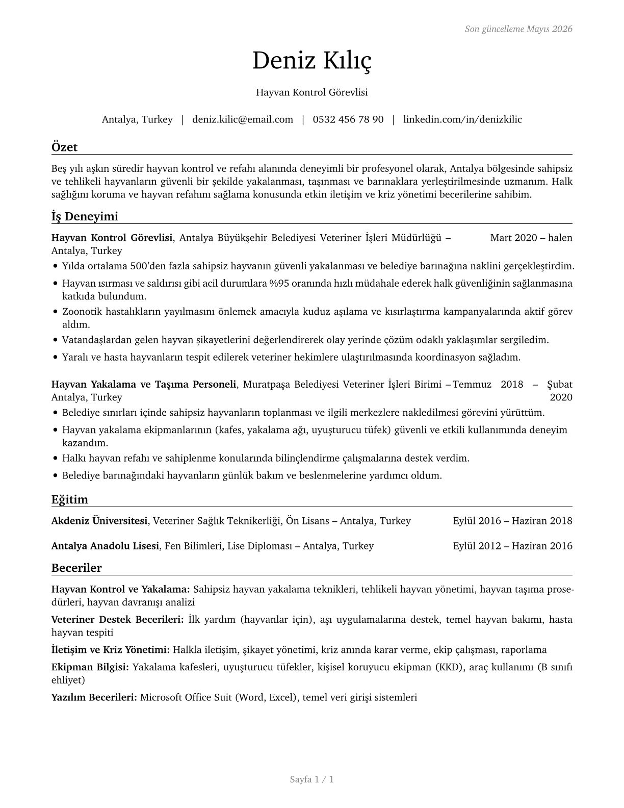 Animal Control Workers CV in Turkish — page 1