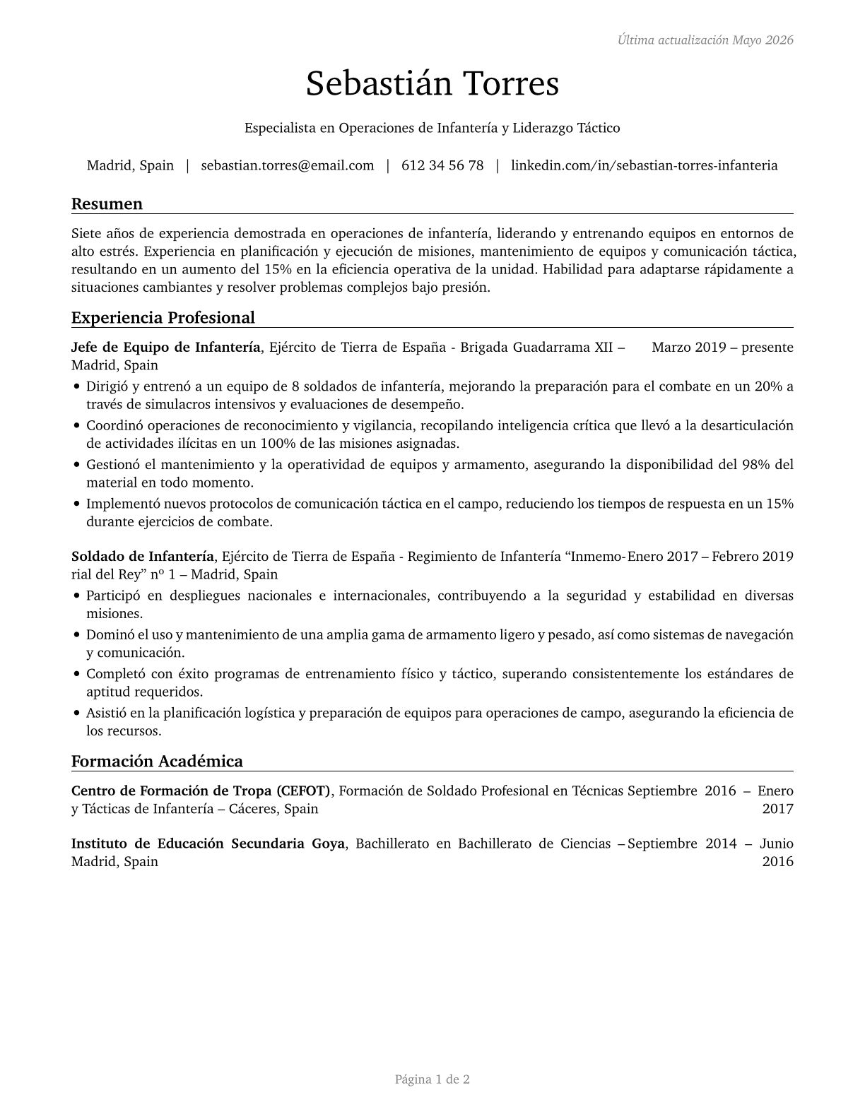 Infantry CV in Spanish — page 1