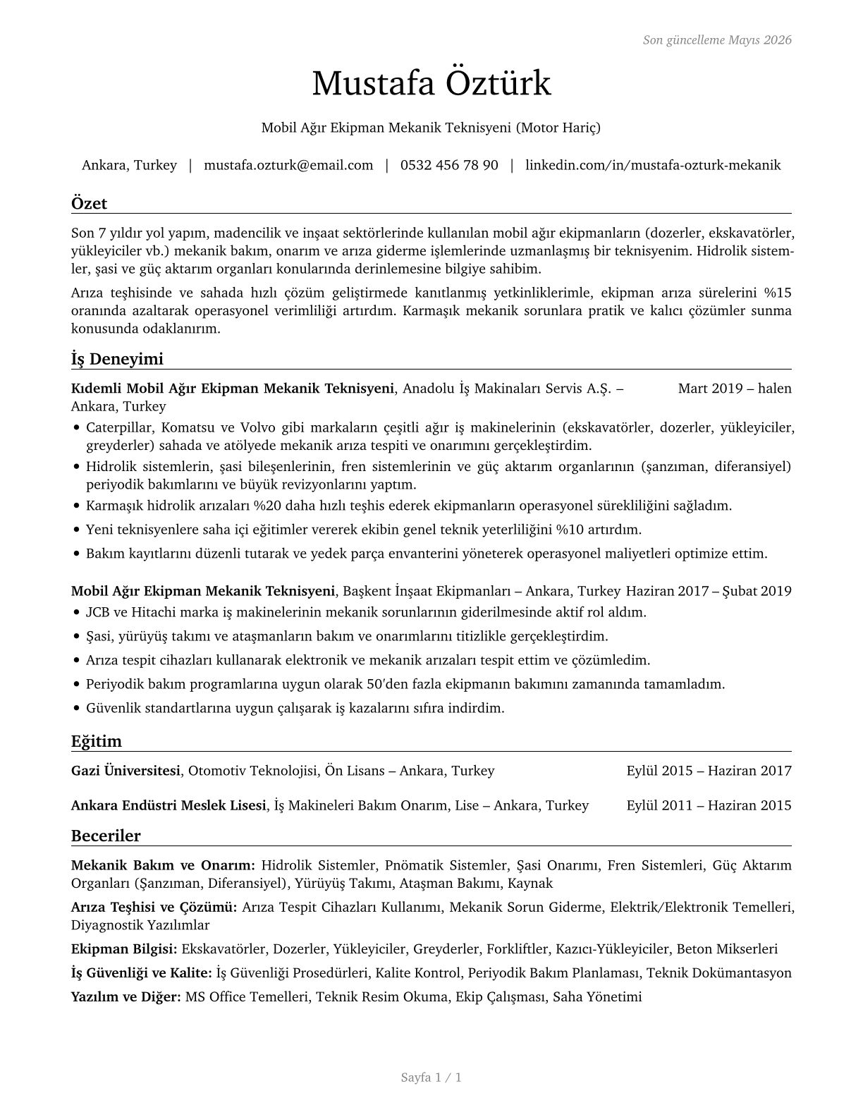 Mobile Heavy Equipment Mechanics, Except Engines CV in Turkish — page 1