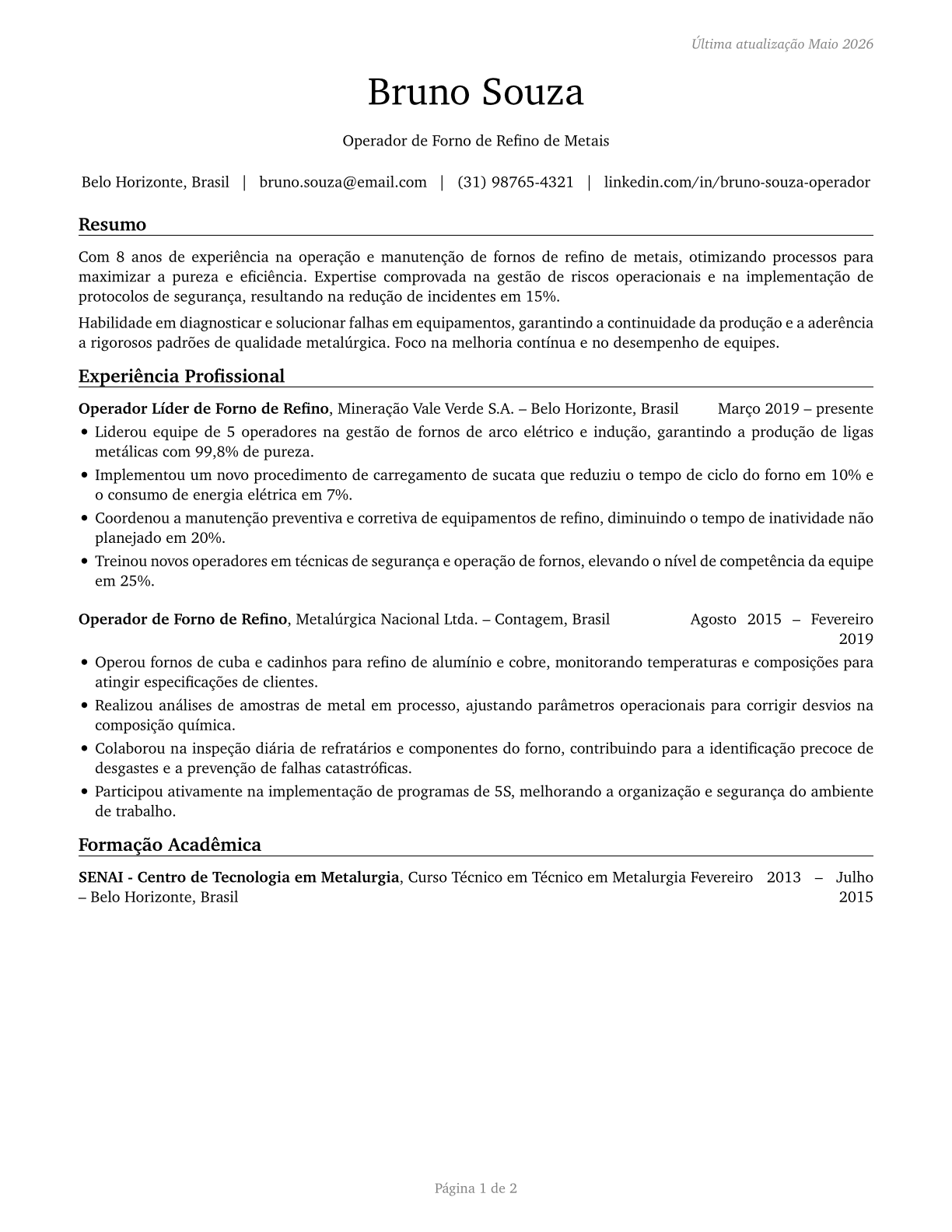 Metal-Refining Furnace Operators and Tenders CV in Portuguese — page 1