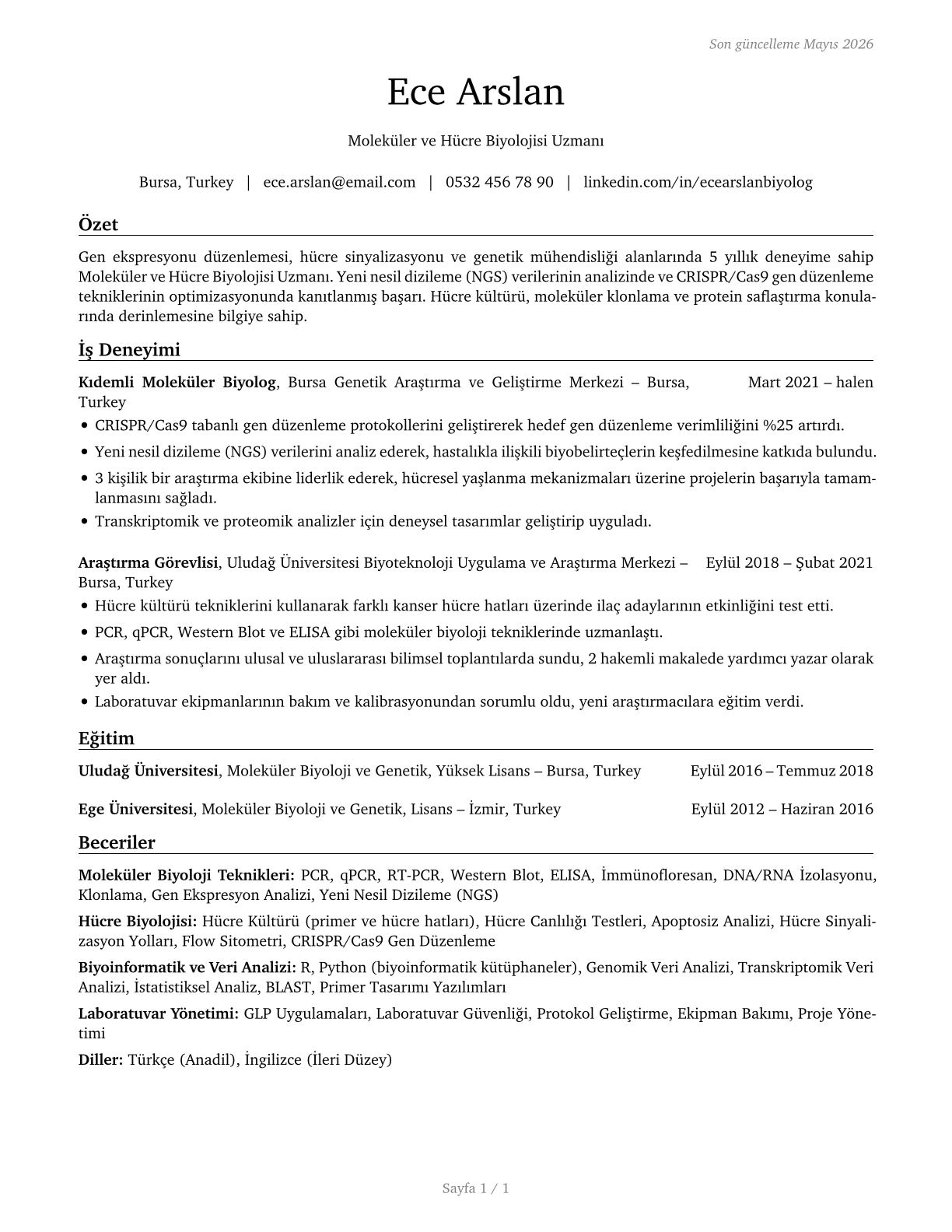 Molecular and Cellular Biologists CV in Turkish — page 1