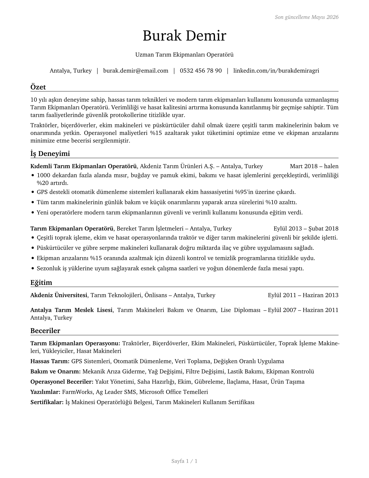 Agricultural Equipment Operators CV in Turkish — page 1