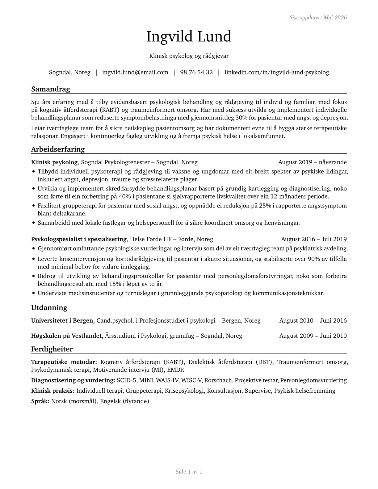 Clinical and Counseling Psychologists CV in Norwegian_nynorsk — page 1