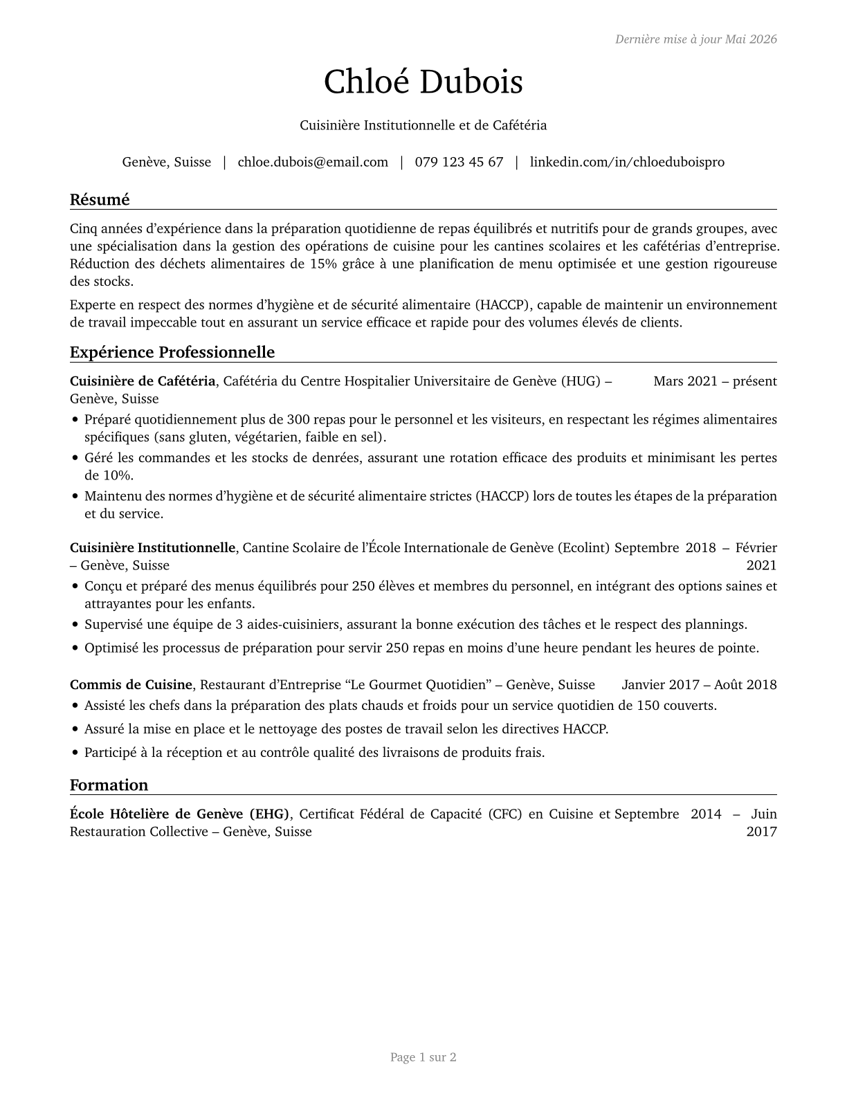 Cooks, Institution and Cafeteria CV in French — page 1