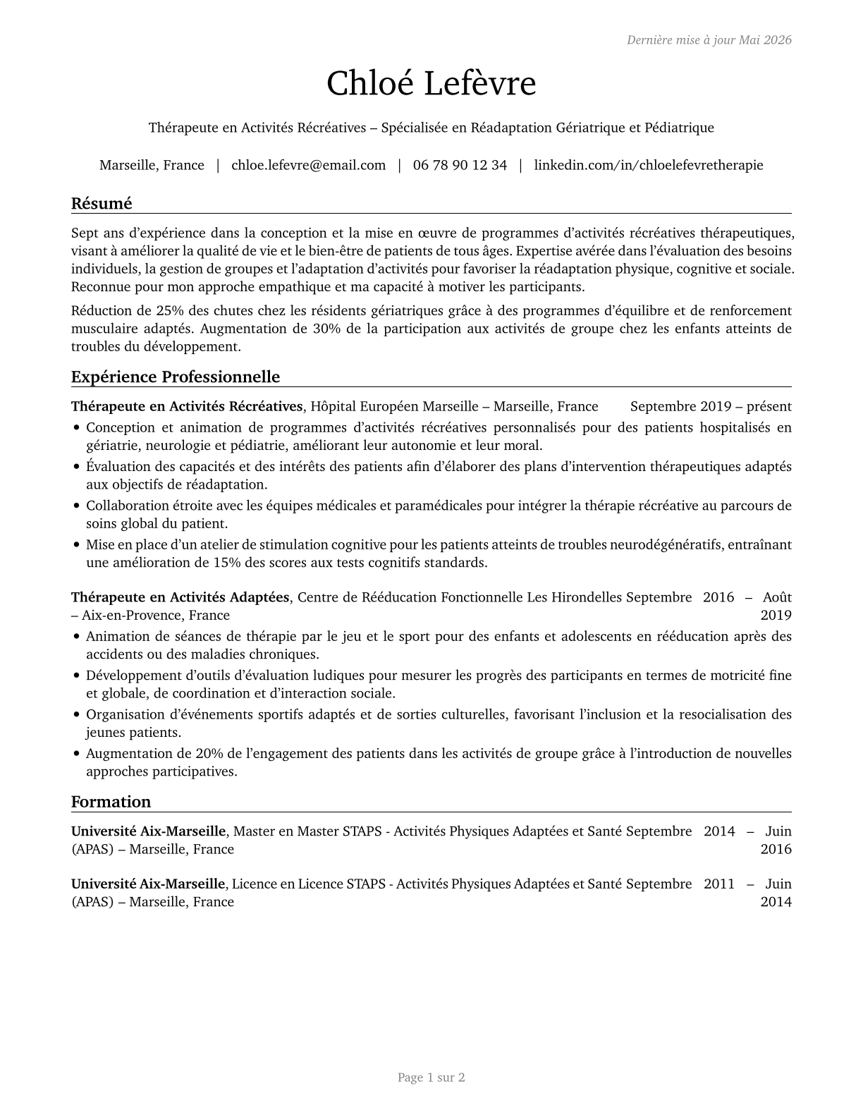 Recreational Therapists CV in French — page 1