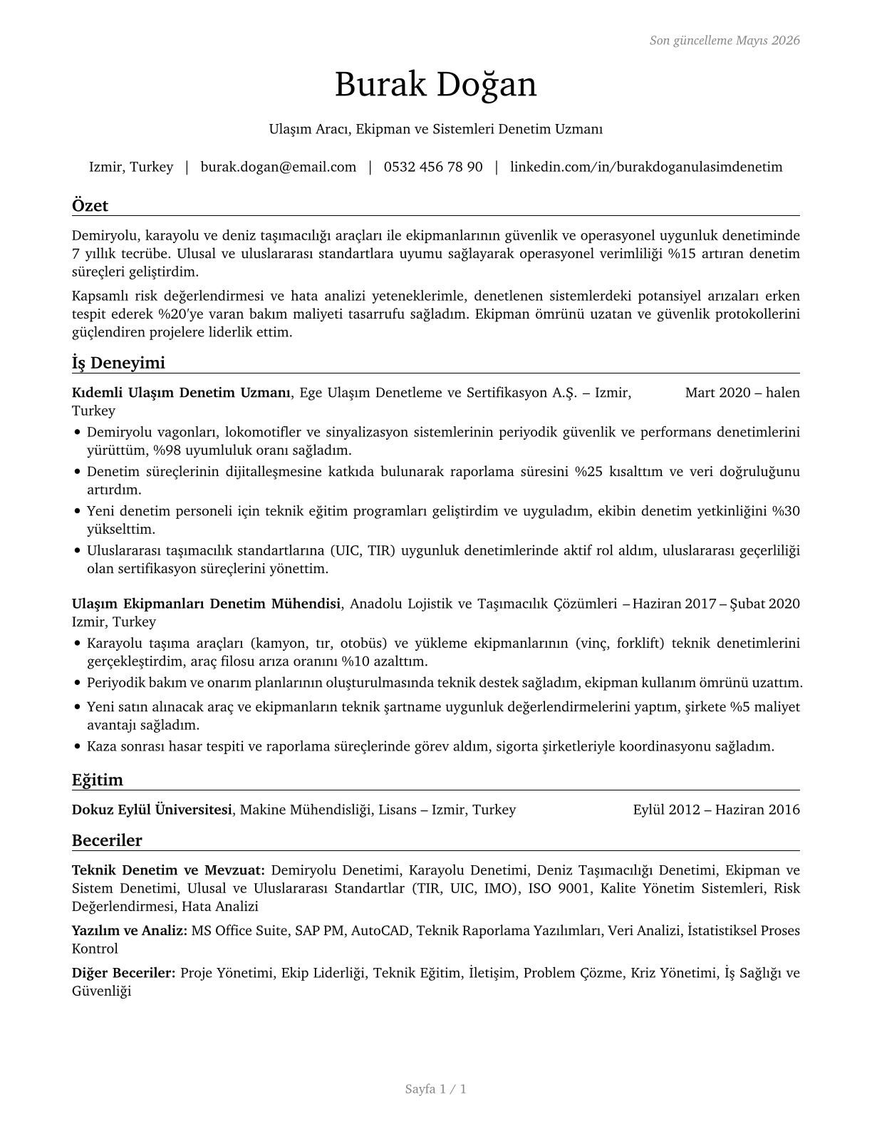 Transportation Vehicle, Equipment and Systems Inspectors, Except Aviation CV in Turkish — page 1