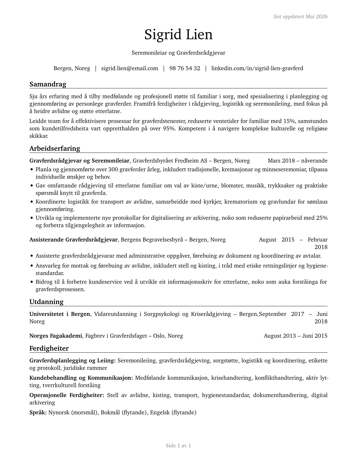 Morticians, Undertakers, and Funeral Arrangers CV in Norwegian_nynorsk — page 1