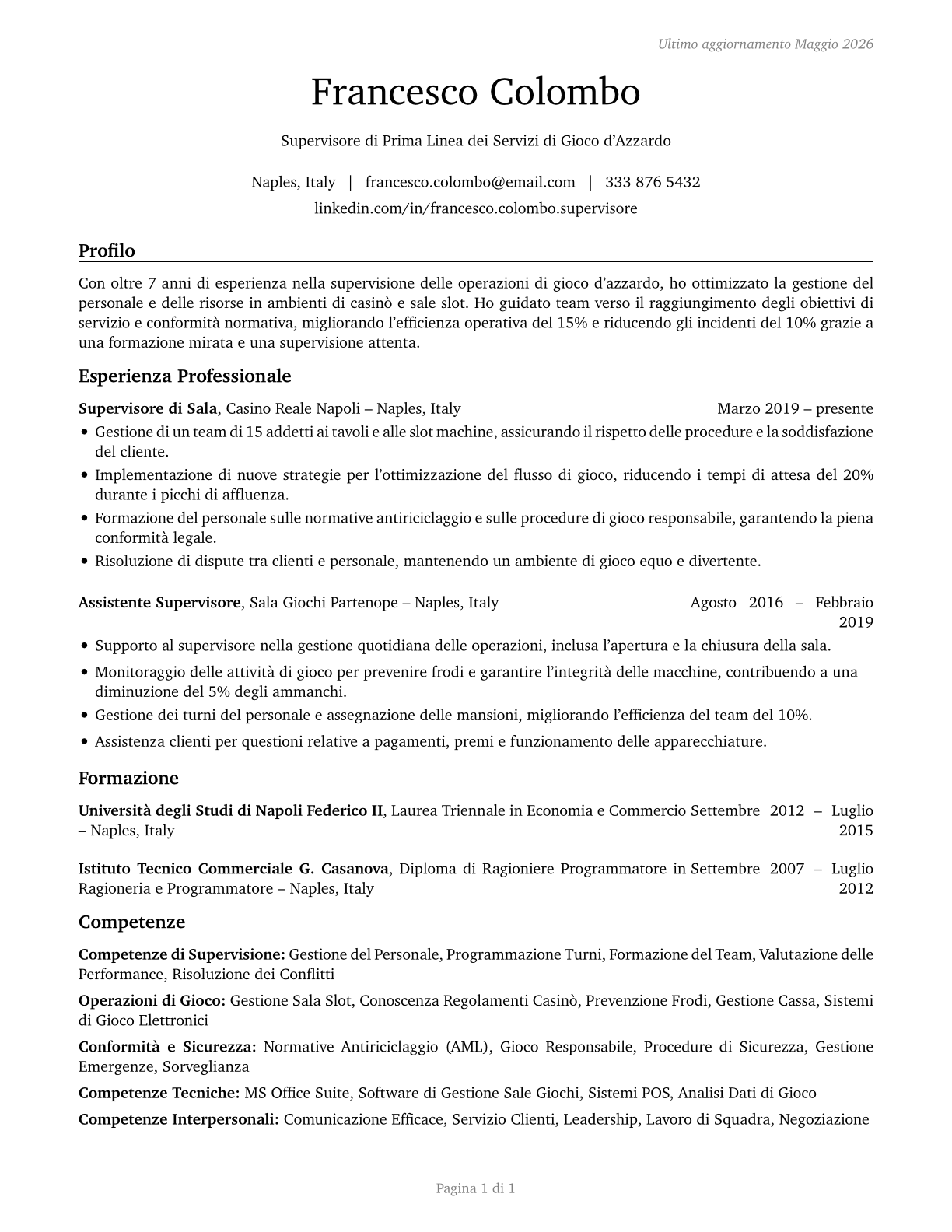 First-Line Supervisors of Gambling Services Workers CV in Italian — page 1