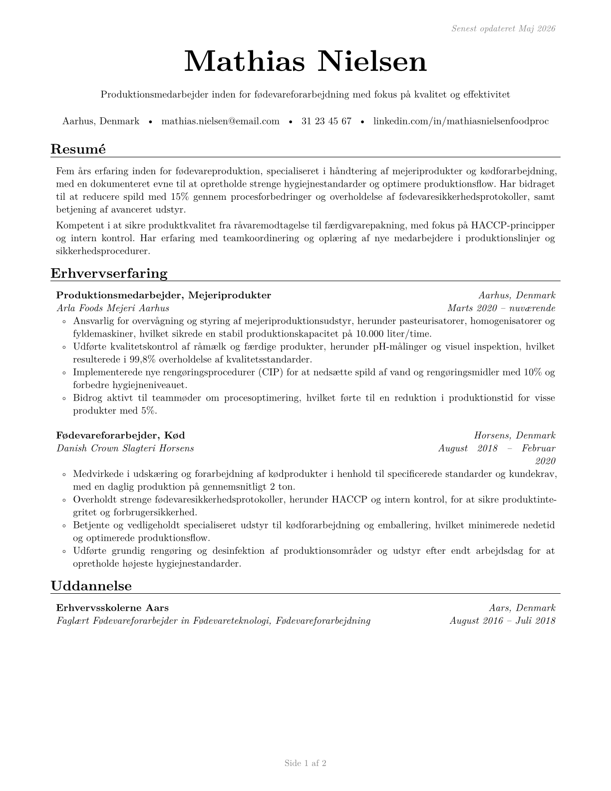 Food Processing Workers, All Other CV in Danish — page 1