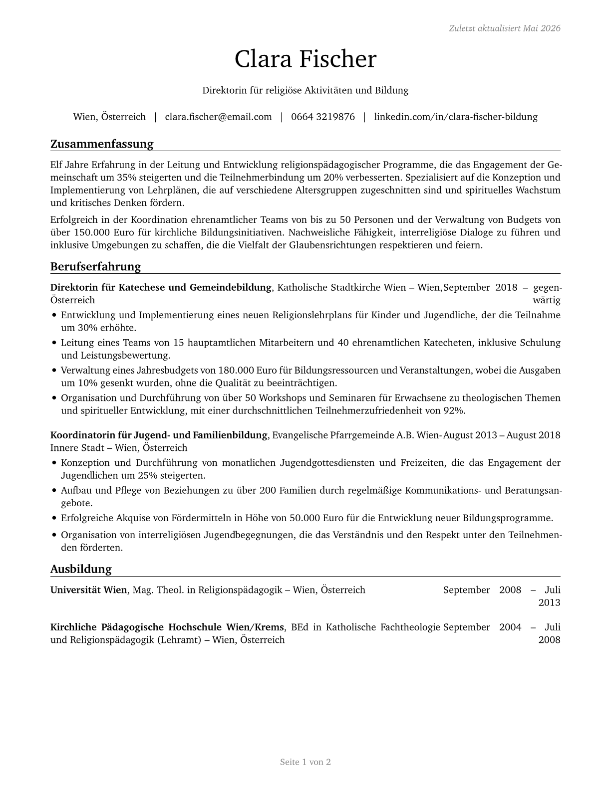Directors, Religious Activities and Education CV in German — page 1