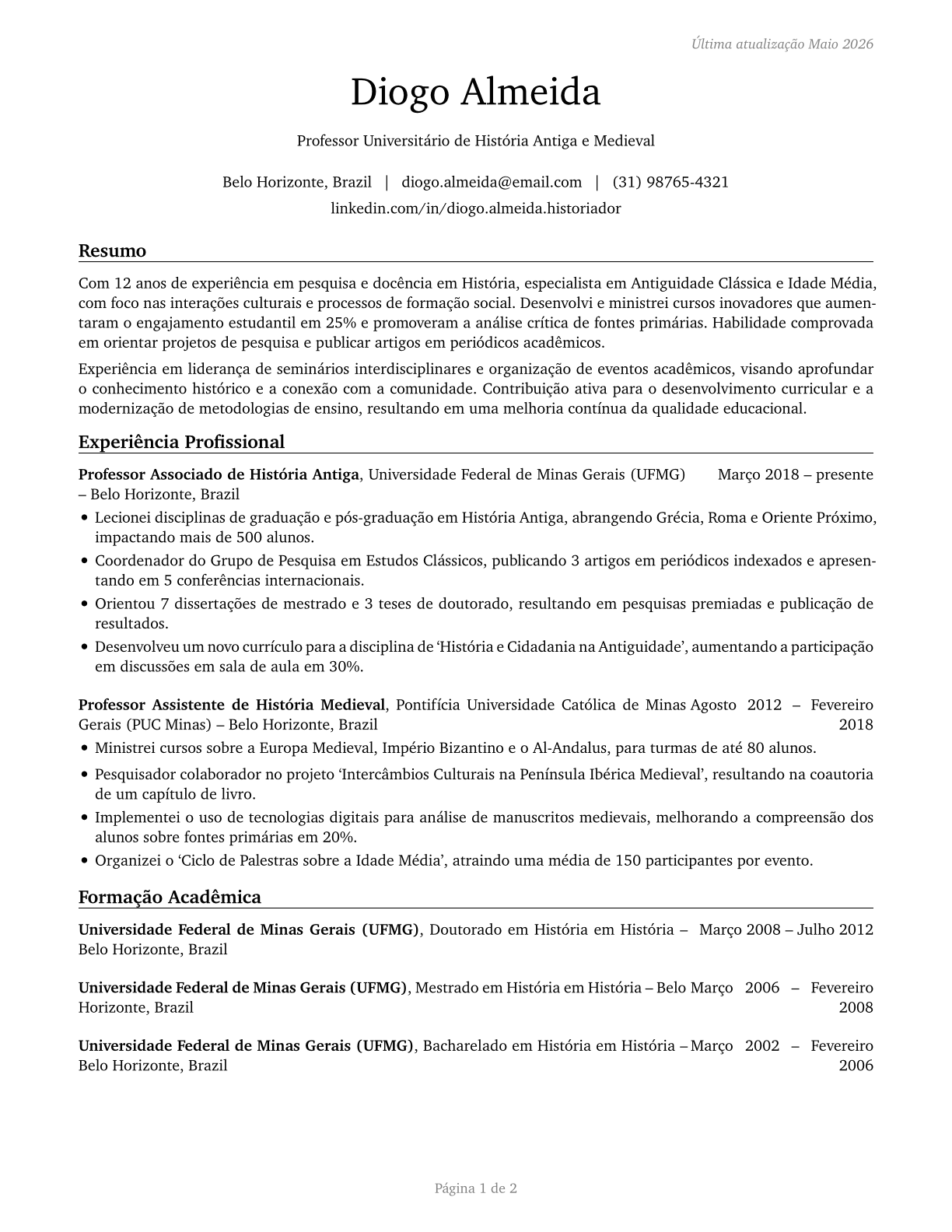 History Teachers, Postsecondary CV in Portuguese — page 1
