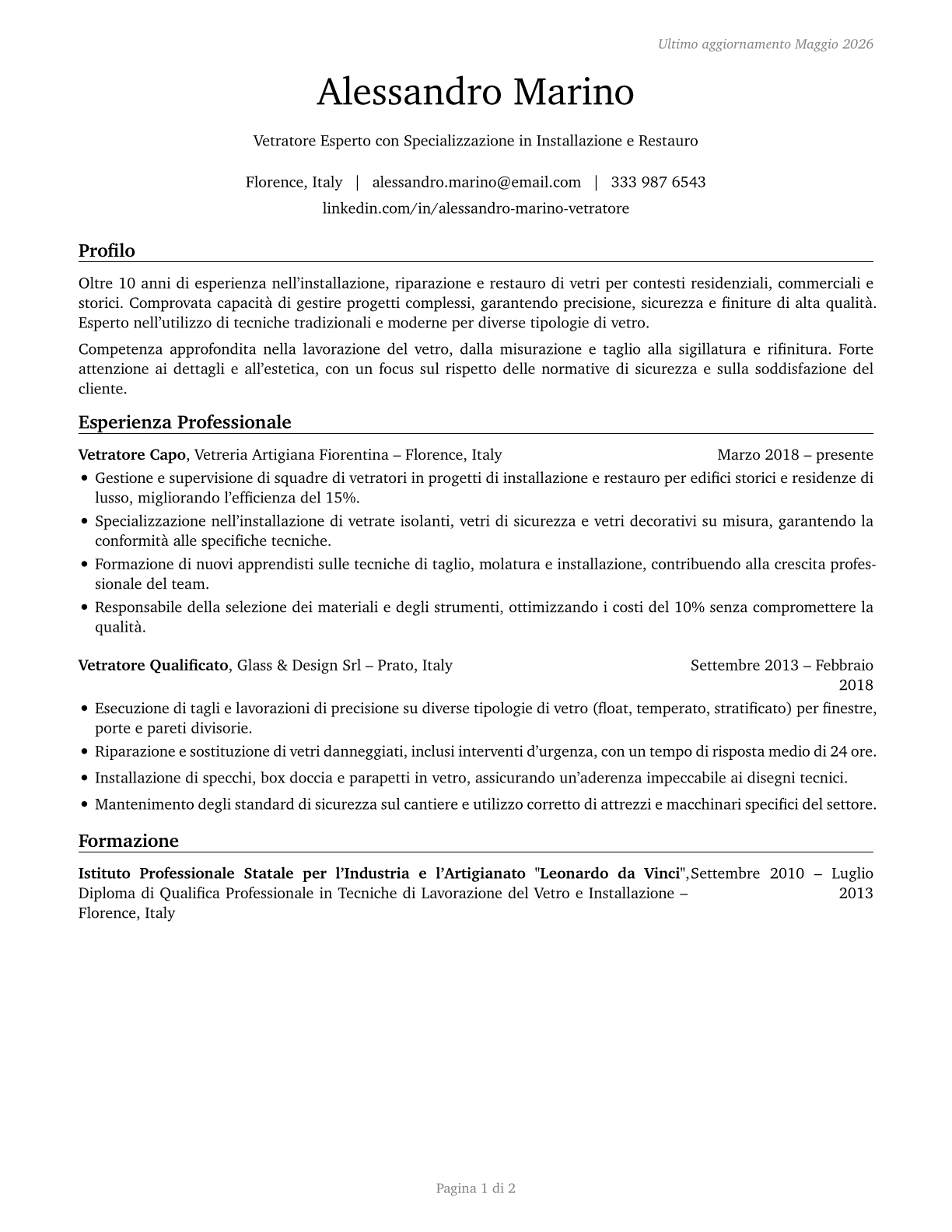 Glaziers CV in Italian — page 1