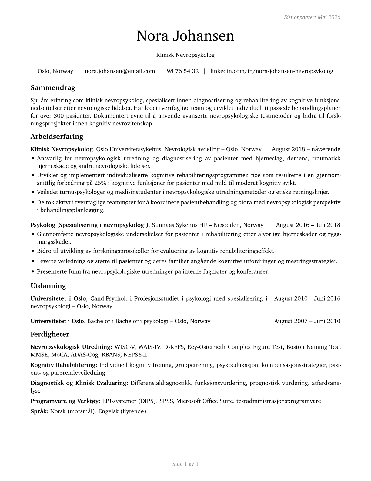 Clinical Neuropsychologists CV in Norwegian_bokmal — page 1