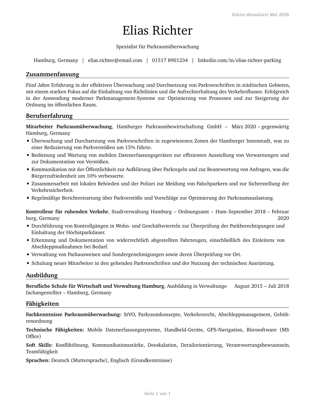 Parking Enforcement Workers CV in German — page 1