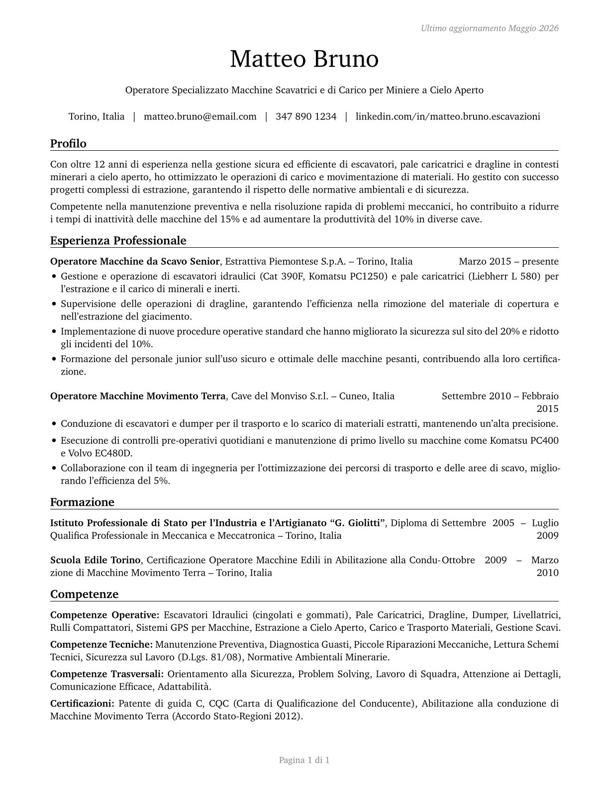 Excavating and Loading Machine and Dragline Operators, Surface Mining CV in Italian — page 1