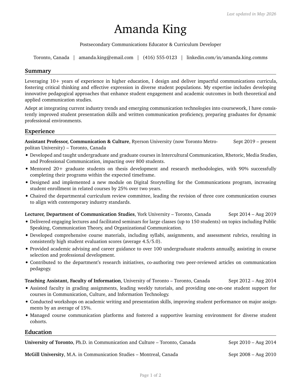 Communications Teachers, Postsecondary CV in English — page 1