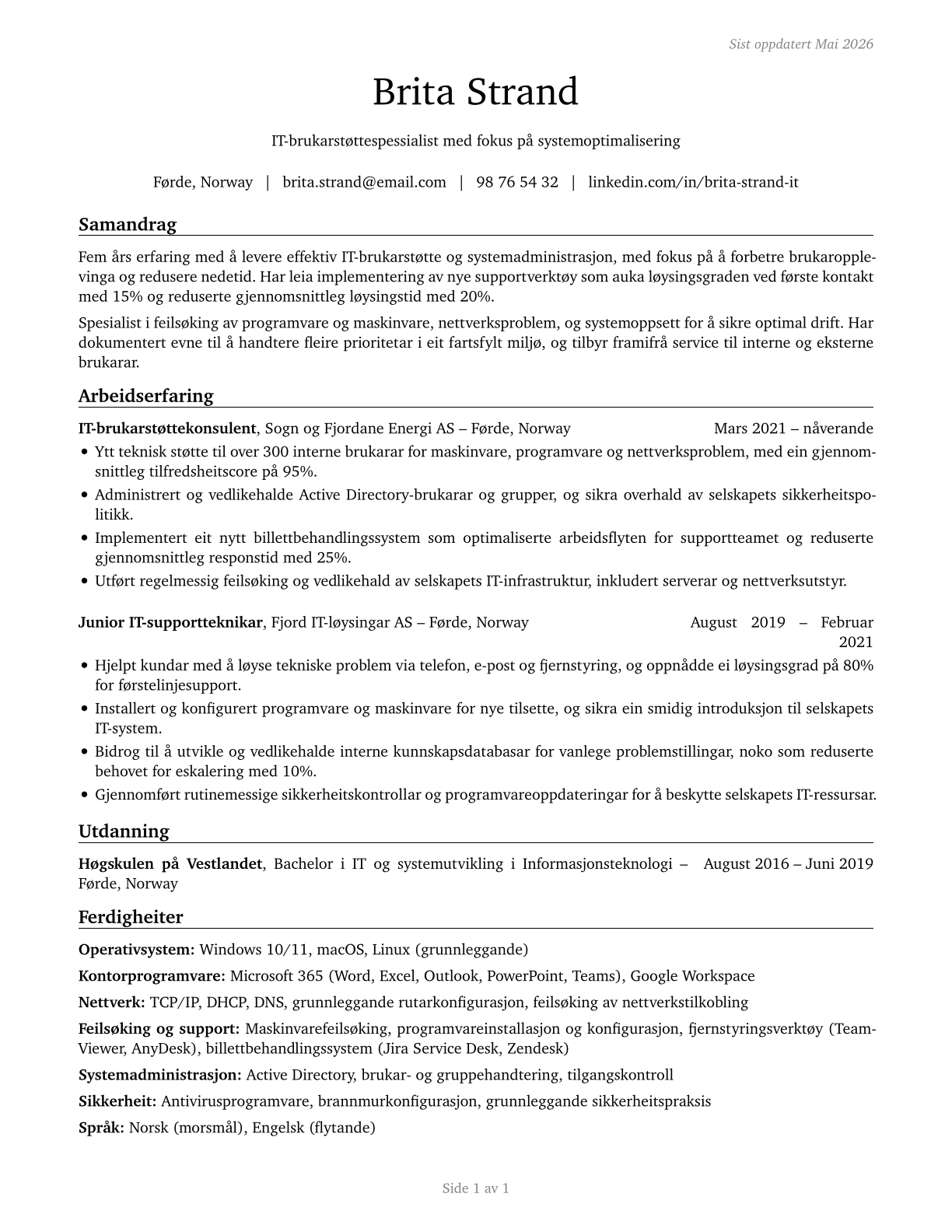 Computer User Support Specialists CV in Norwegian_nynorsk — page 1