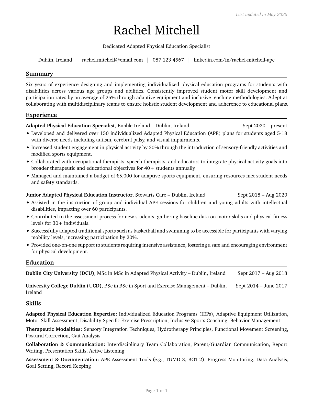 Adapted Physical Education Specialists CV in English — page 1