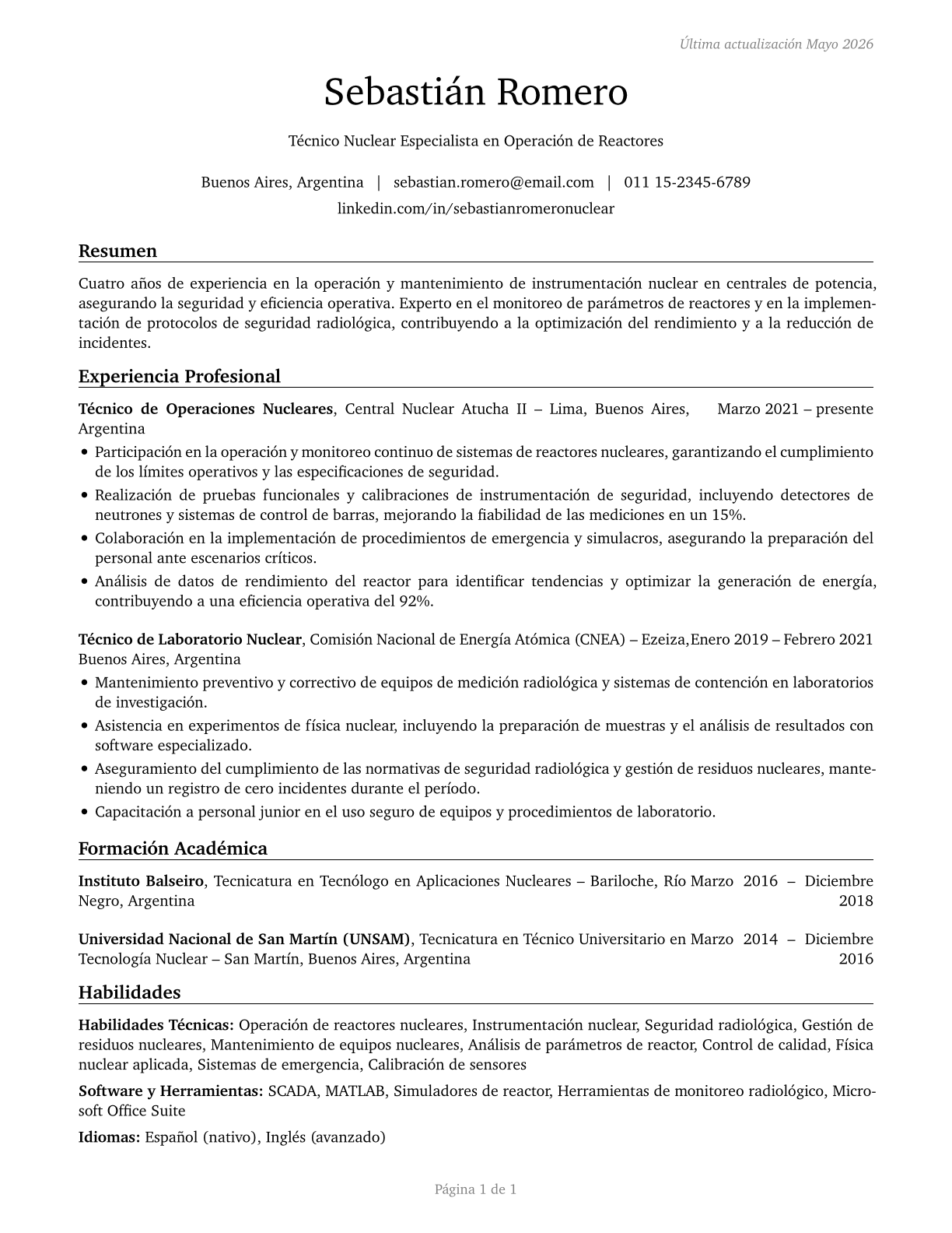 Nuclear Technicians CV in Spanish — page 1