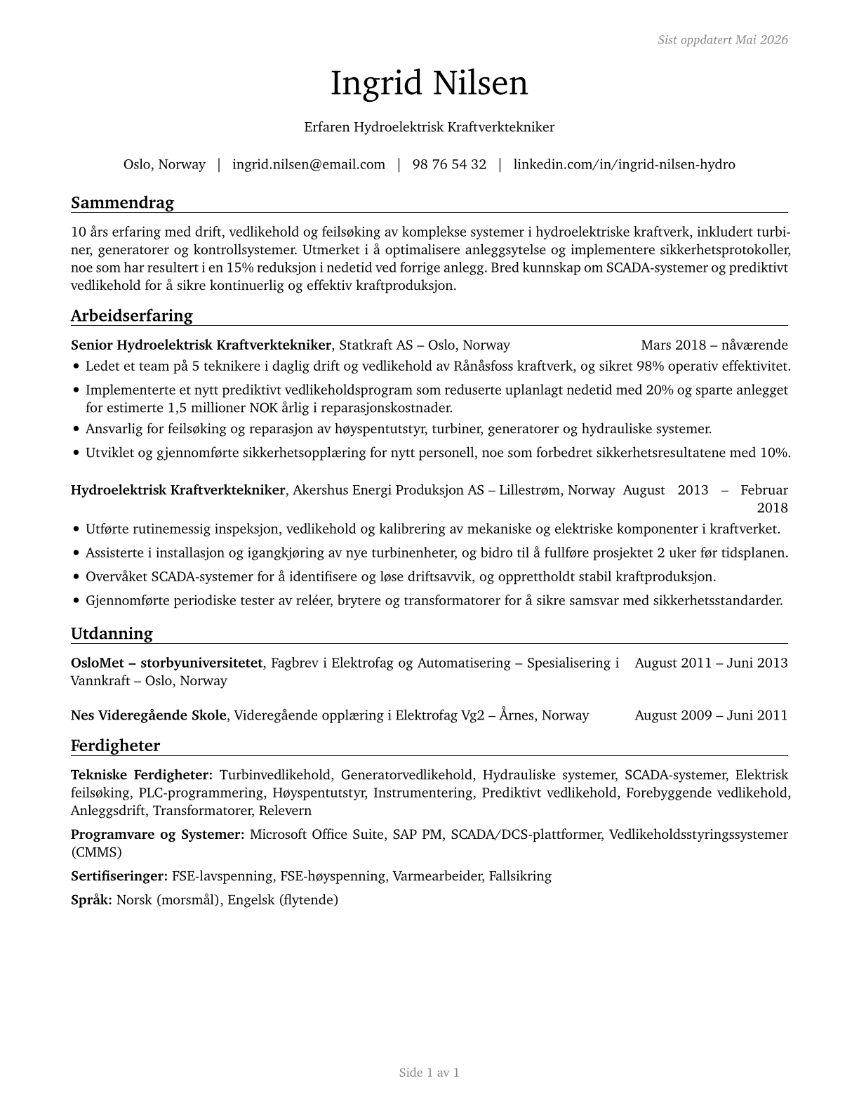 Hydroelectric Plant Technicians CV in Norwegian_bokmal — page 1