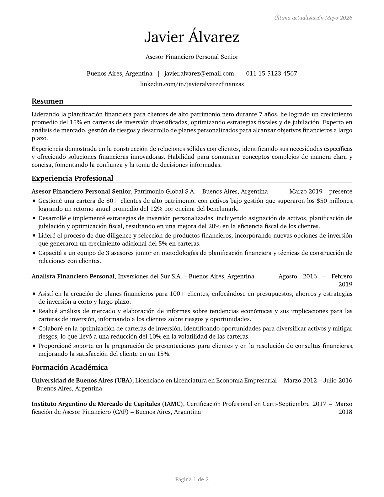 Personal Financial Advisors CV in Spanish — page 1