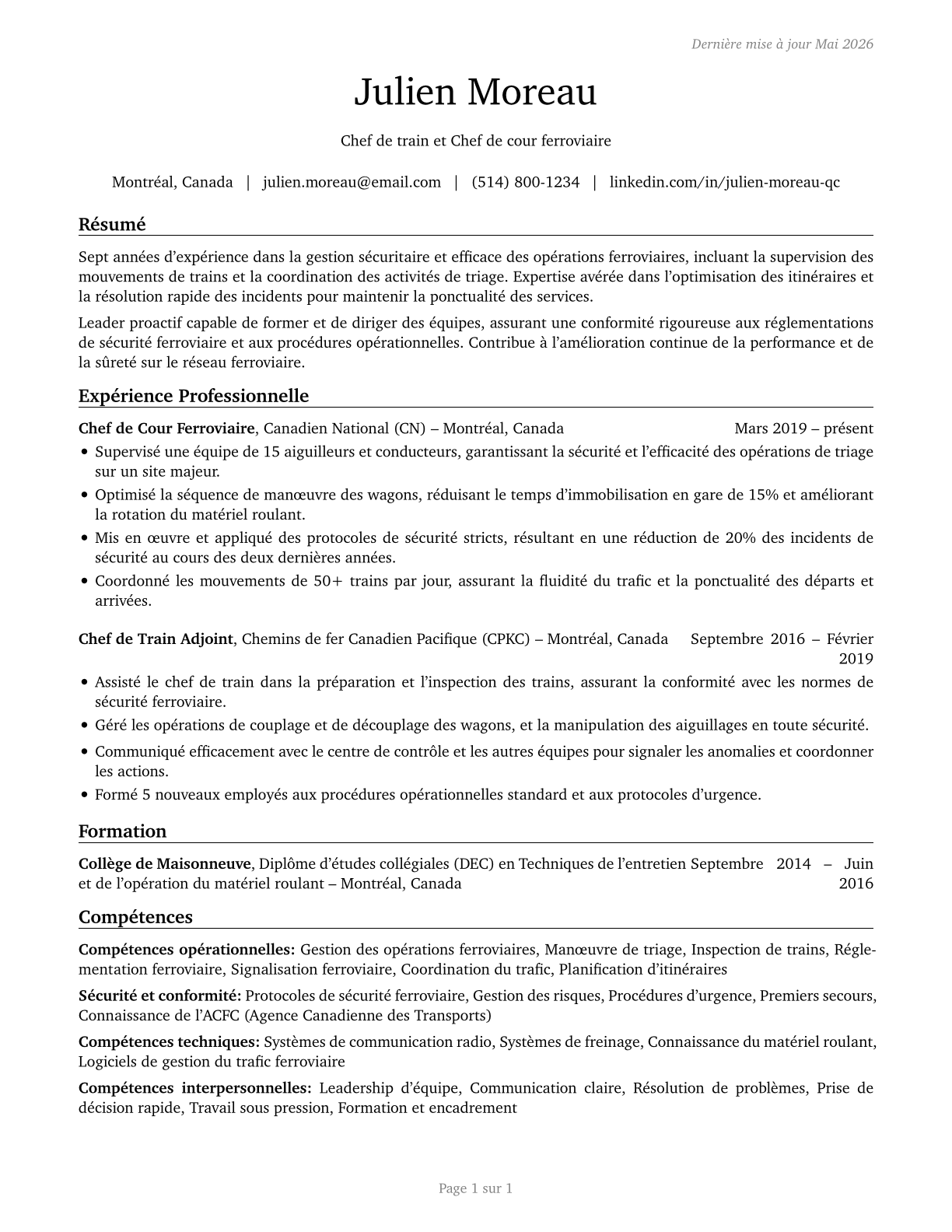 Railroad Conductors and Yardmasters CV in French — page 1
