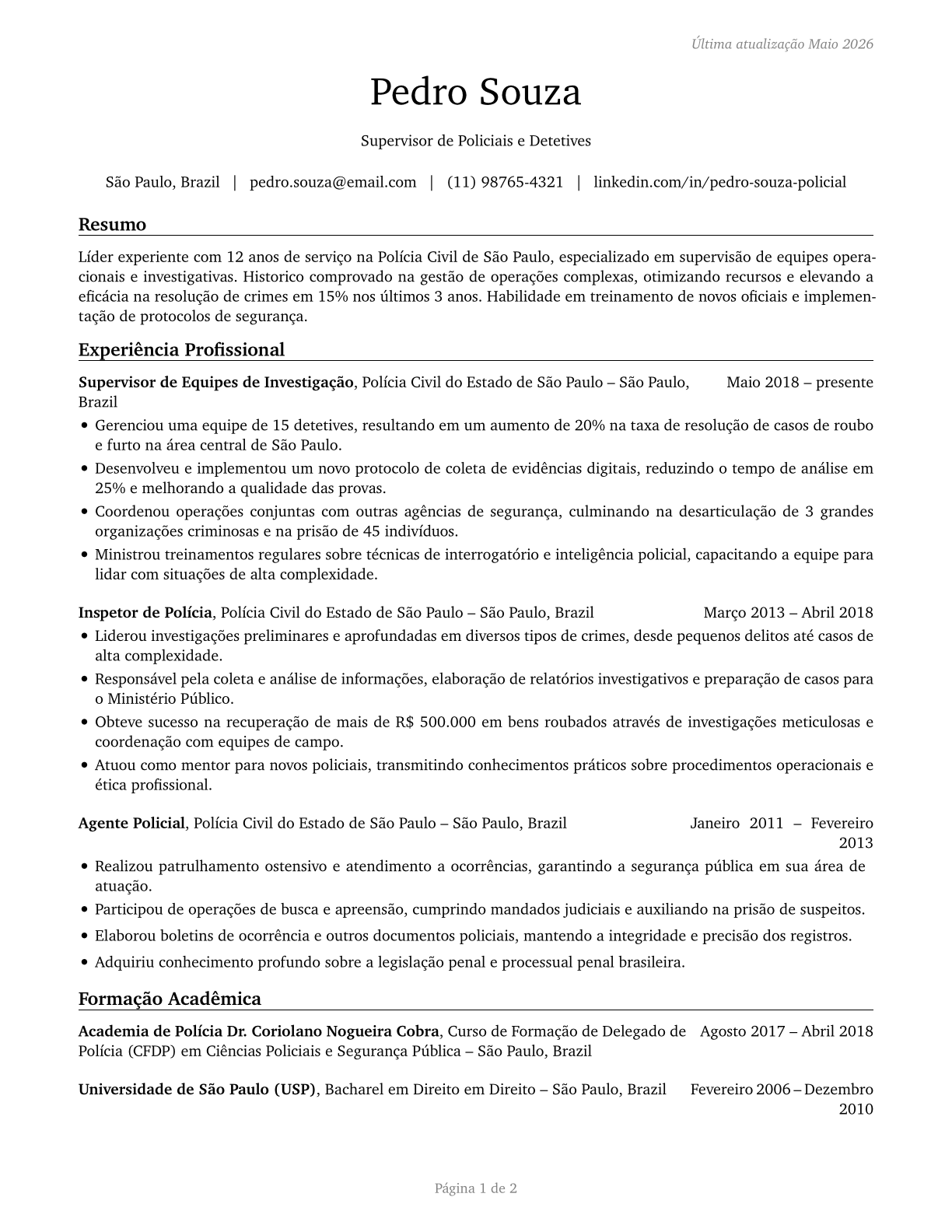 First-Line Supervisors of Police and Detectives CV in Portuguese — page 1