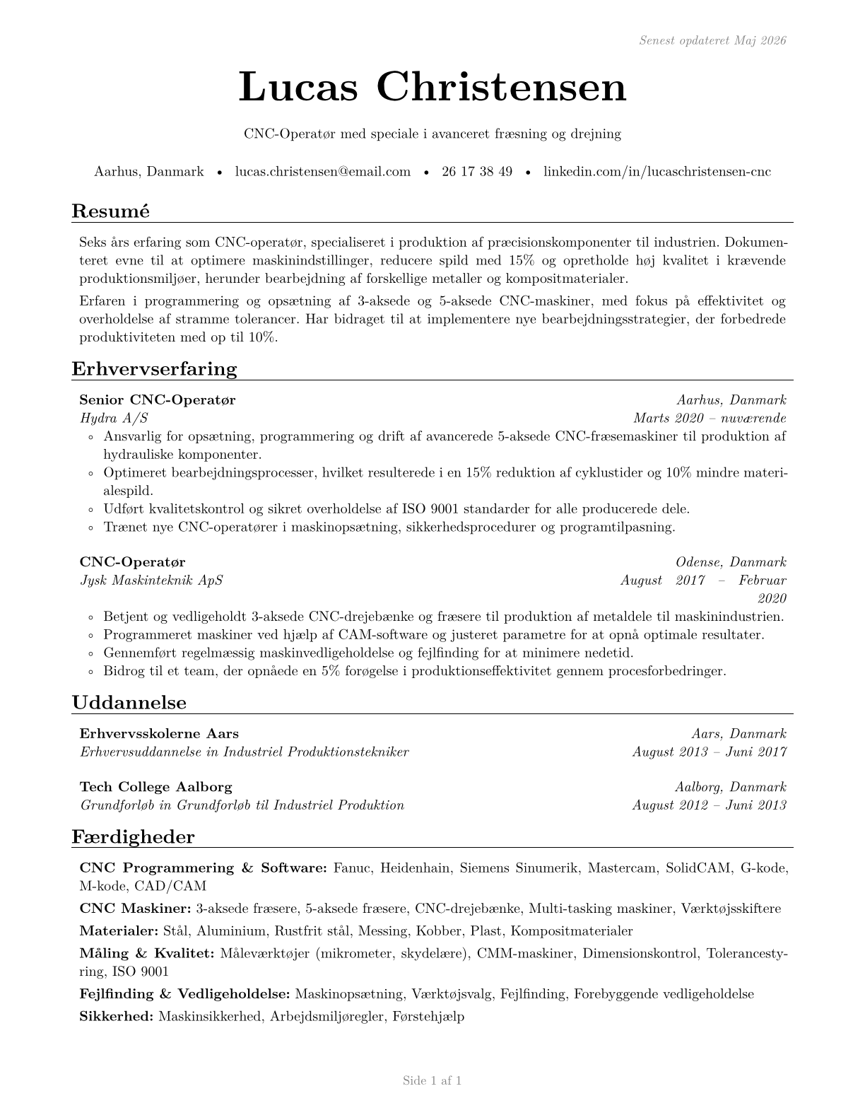 Computer Numerically Controlled Tool Operators CV in Danish — page 1
