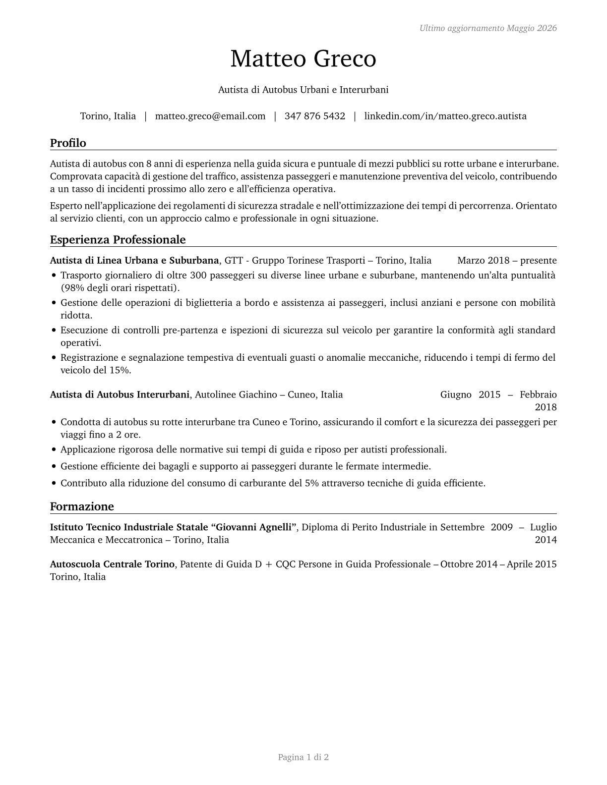 Bus Drivers, Transit and Intercity CV in Italian — page 1