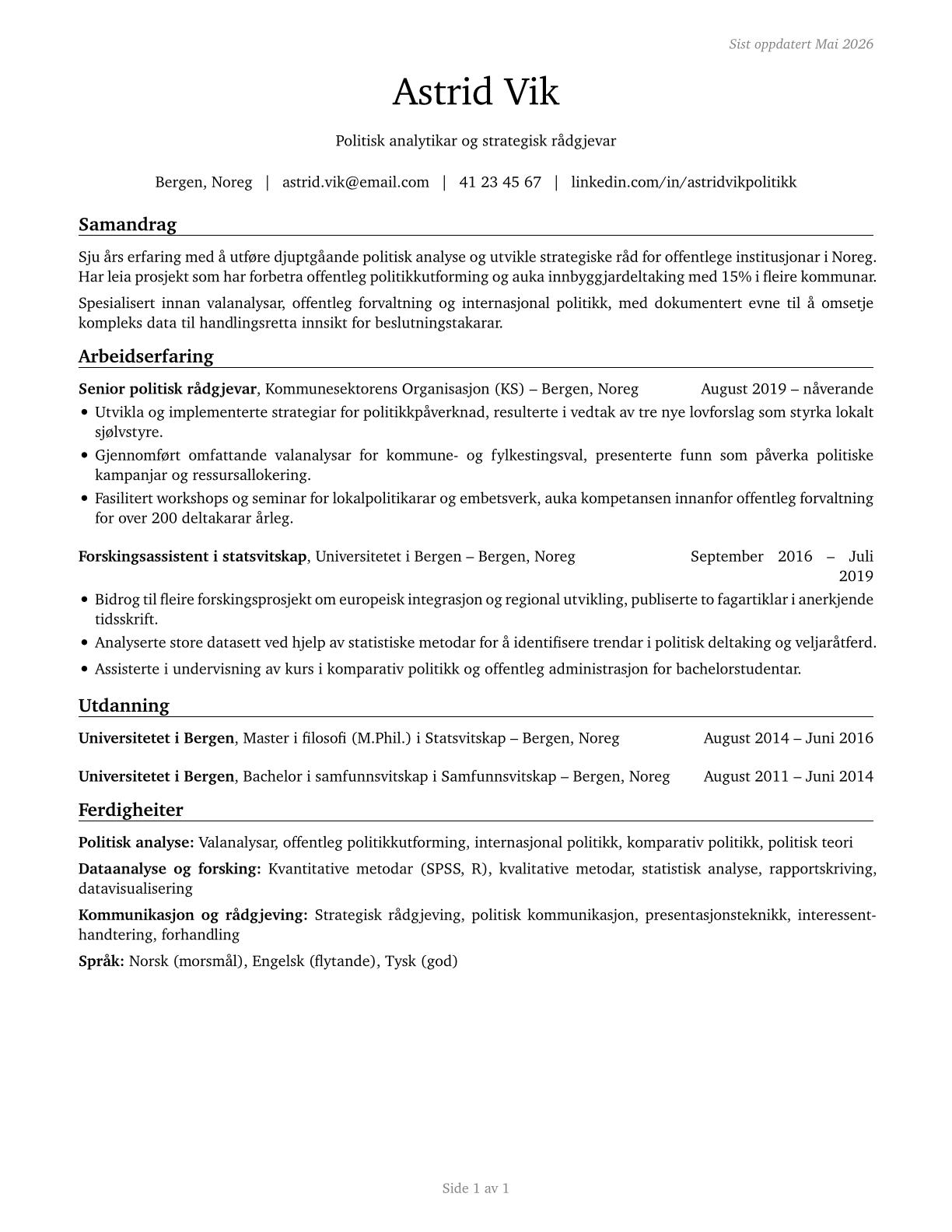 Political Scientists CV in Norwegian_nynorsk — page 1