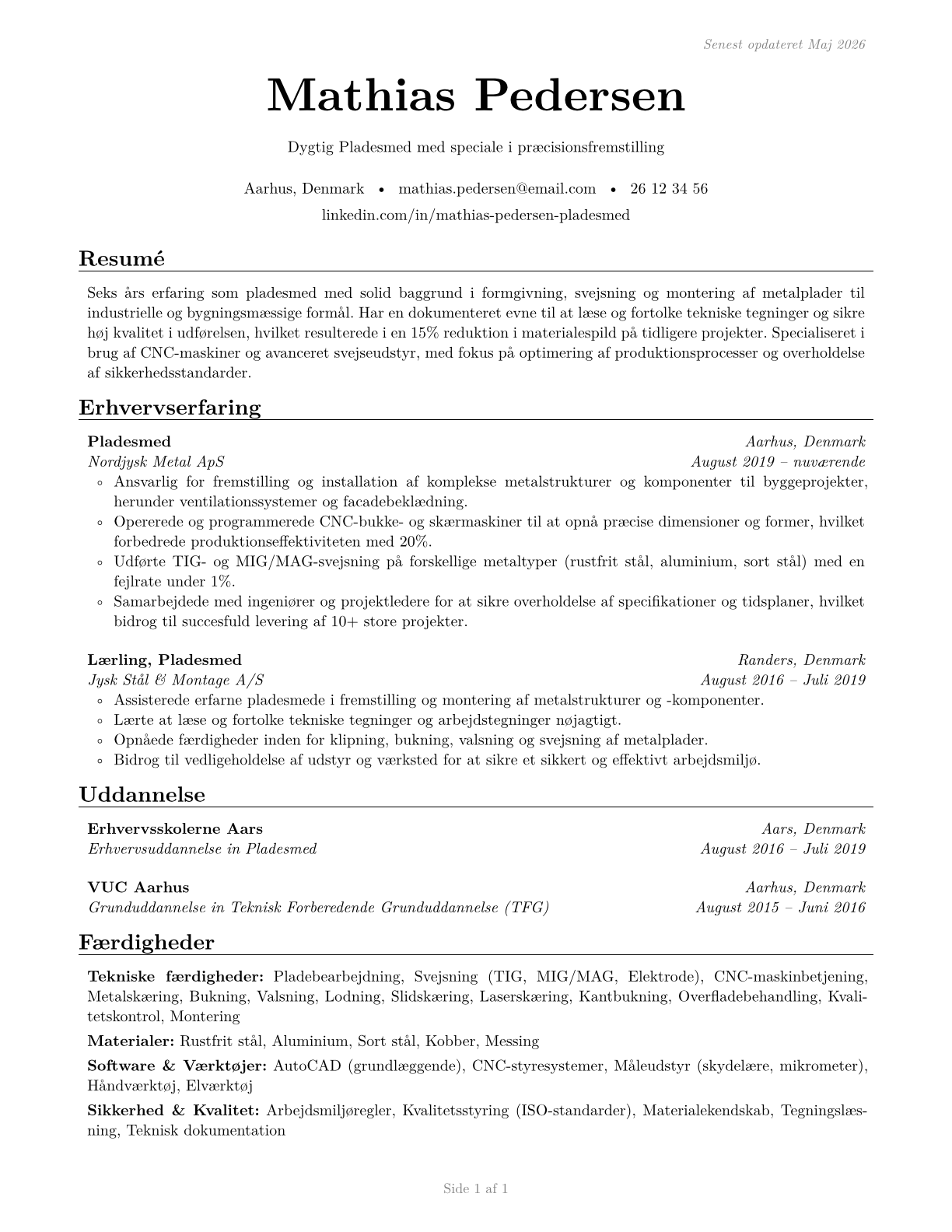 Sheet Metal Workers CV in Danish — page 1