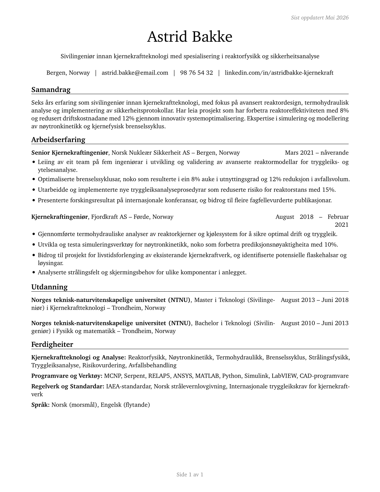 Nuclear Engineers CV in Norwegian_nynorsk — page 1