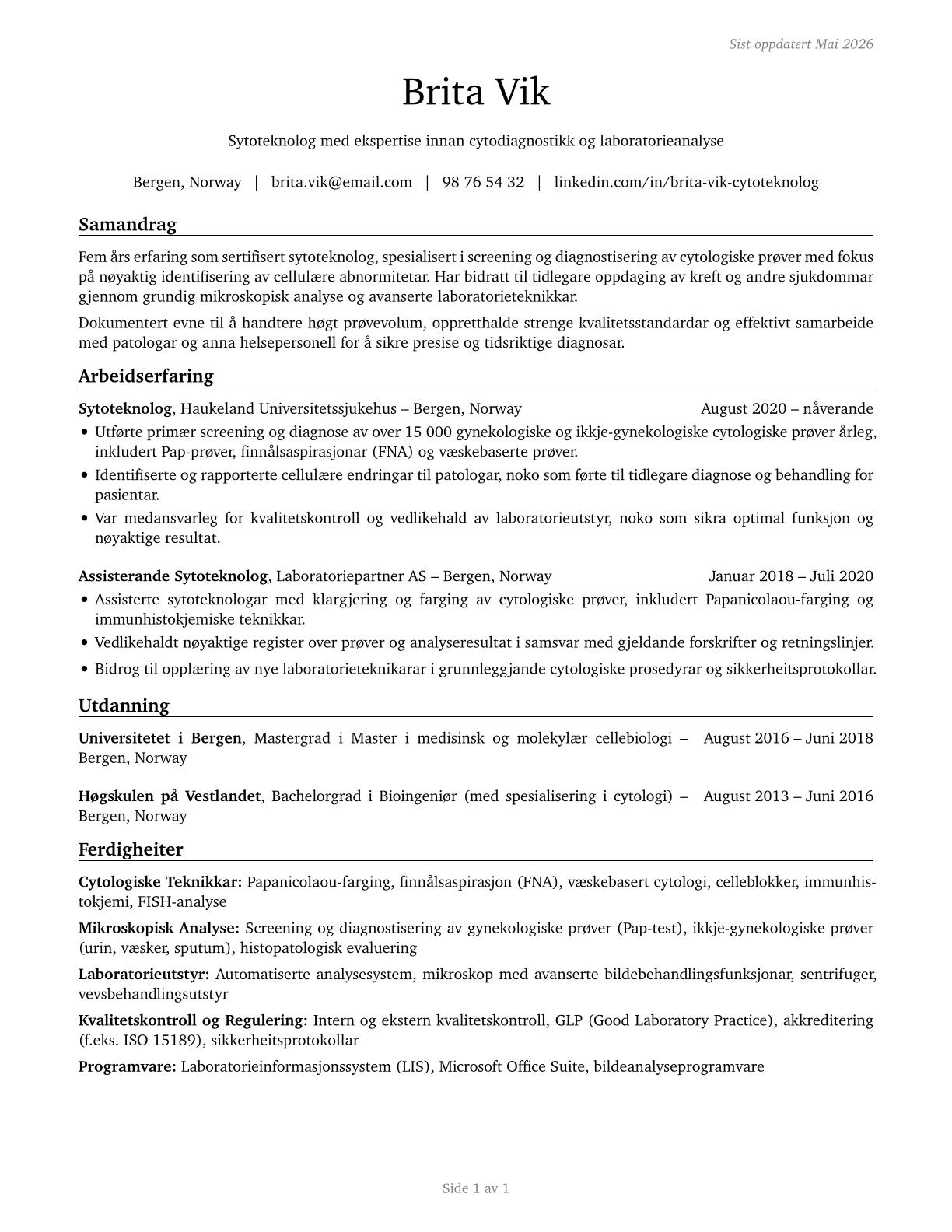 Cytotechnologists CV in Norwegian_nynorsk — page 1