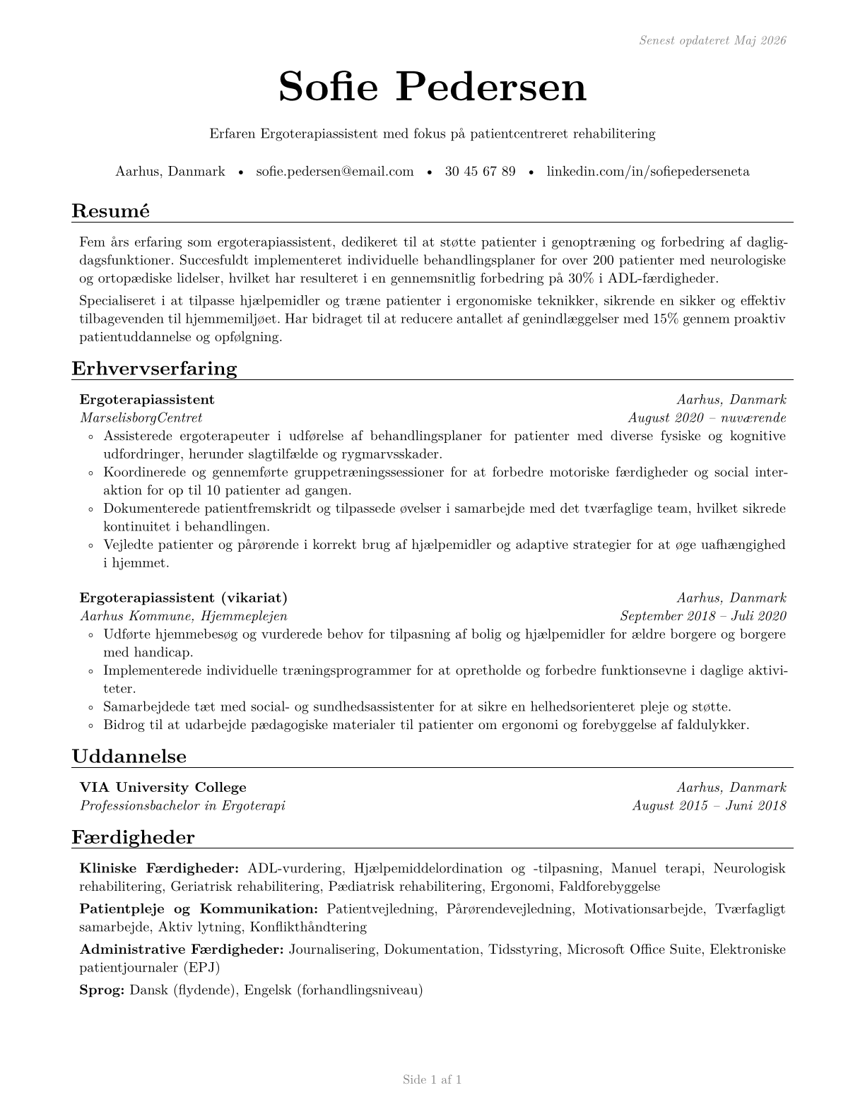 Occupational Therapy Aides CV in Danish — page 1