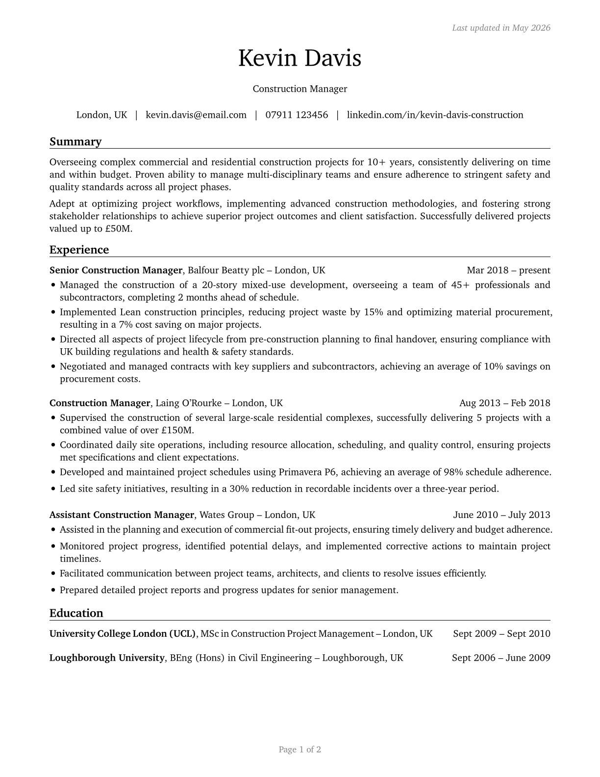 Construction Managers CV in English — page 1