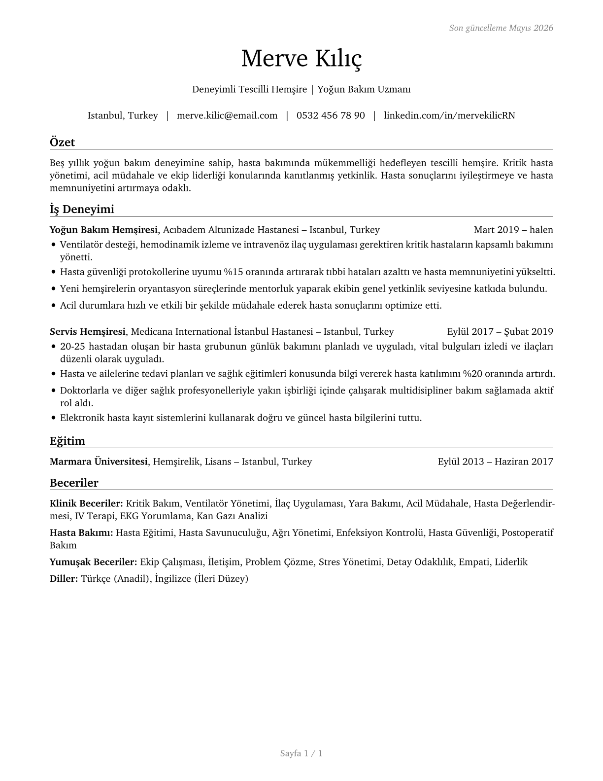 Registered Nurses CV in Turkish — page 1